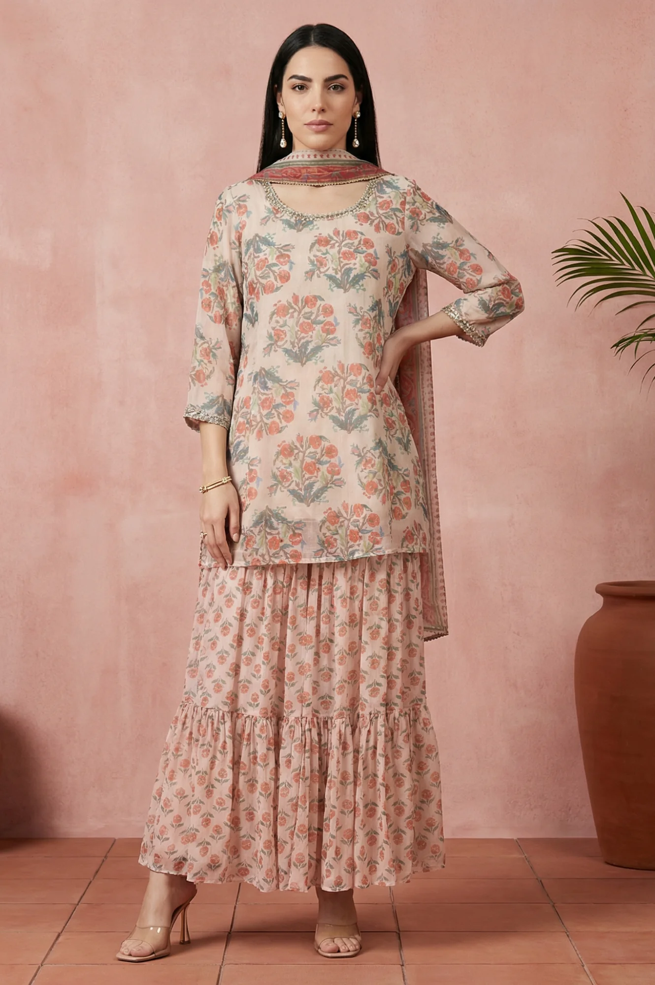 Beige Floral Printed Lace Straight Kurta with Sharara and Dupatta Set
