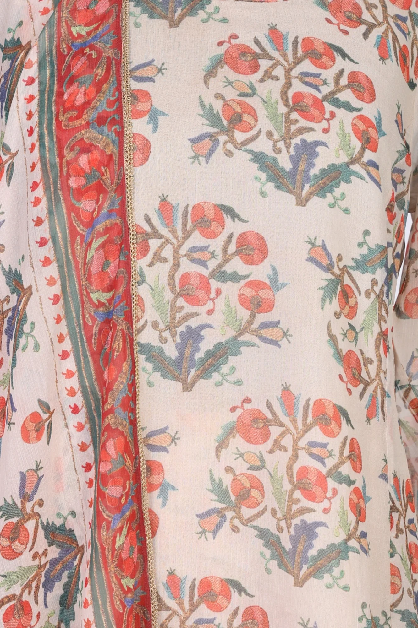 Beige Floral Printed Lace Straight Kurta with Sharara and Dupatta Set - Image 2