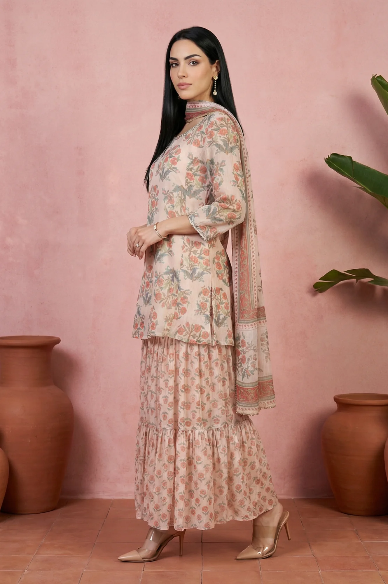 Beige Floral Printed Lace Straight Kurta with Sharara and Dupatta Set - Image 4