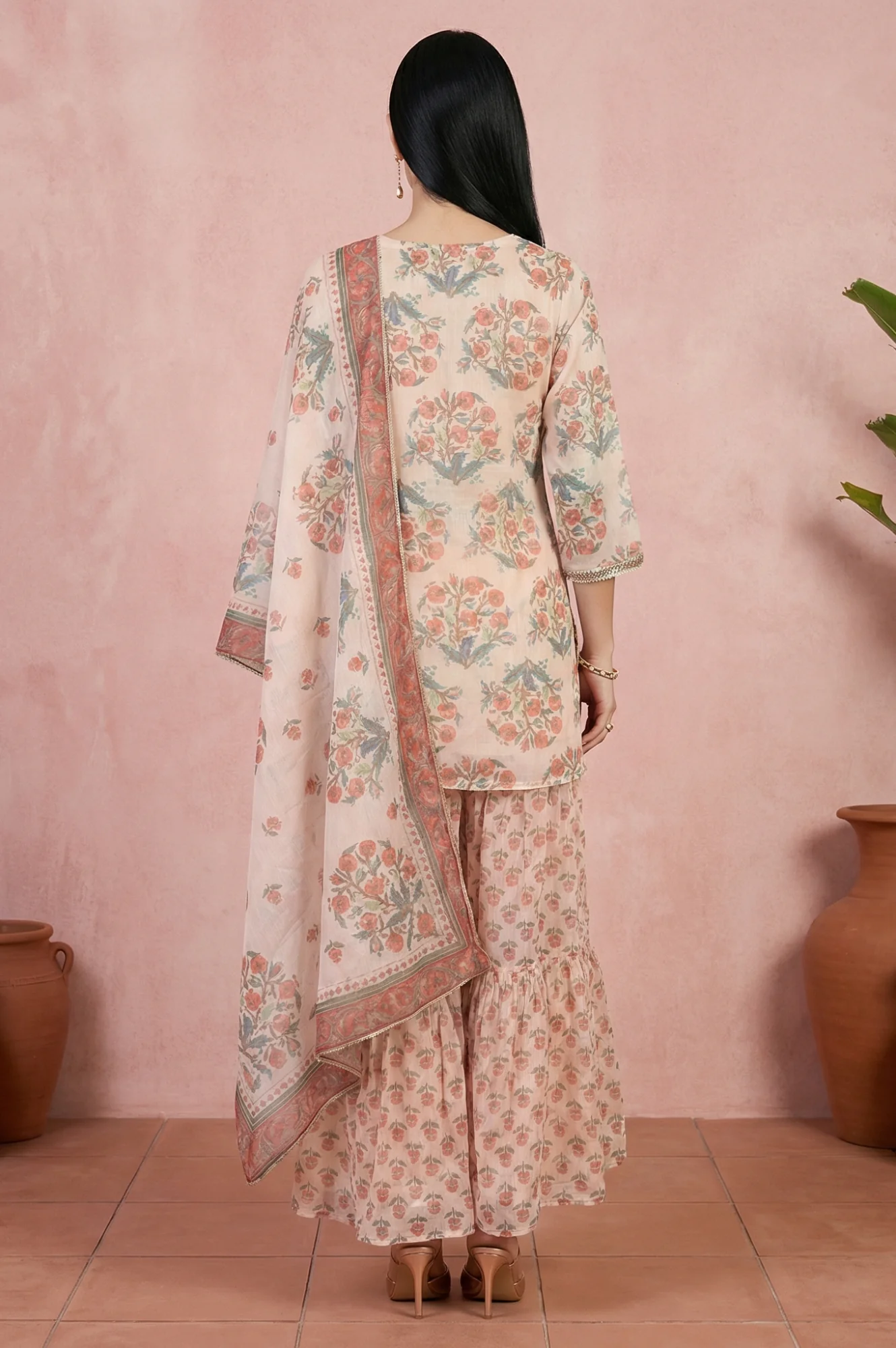 Beige Floral Printed Lace Straight Kurta with Sharara and Dupatta Set - Image 5