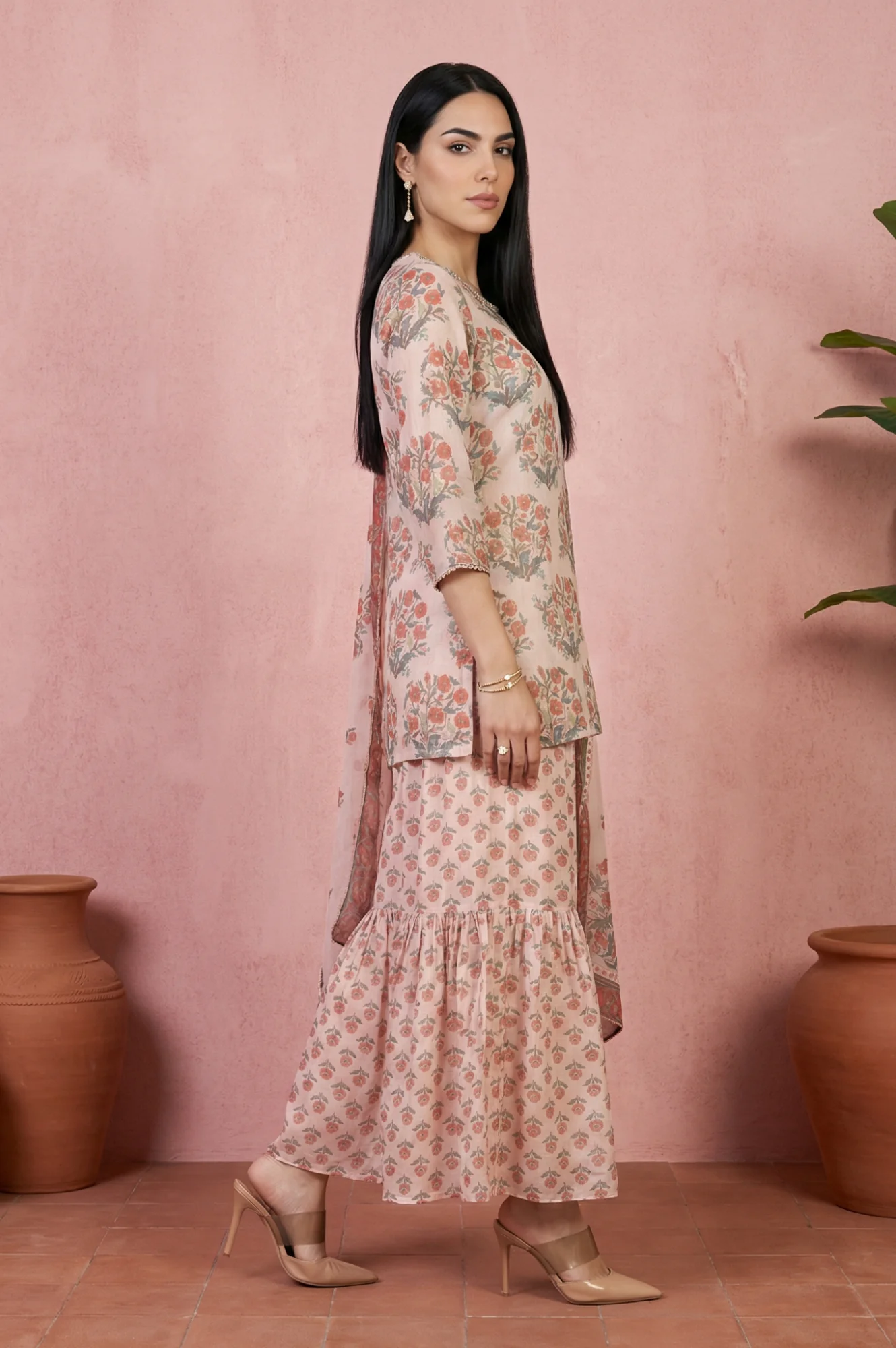Beige Floral Printed Lace Straight Kurta with Sharara and Dupatta Set - Image 6