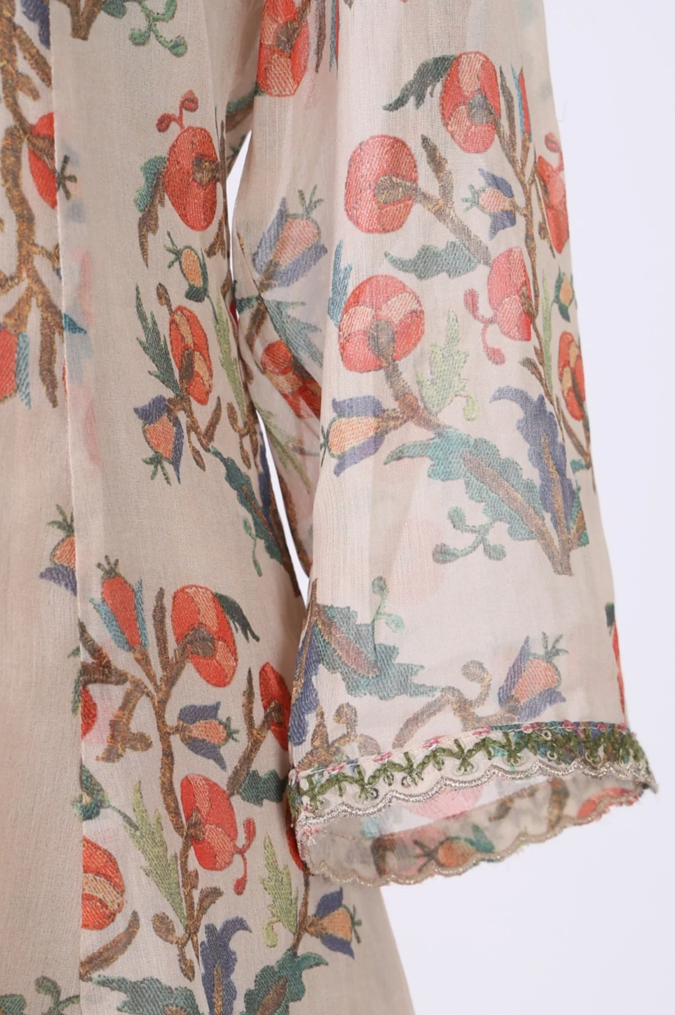 Beige Floral Printed Lace Straight Kurta with Sharara and Dupatta Set - Image 7