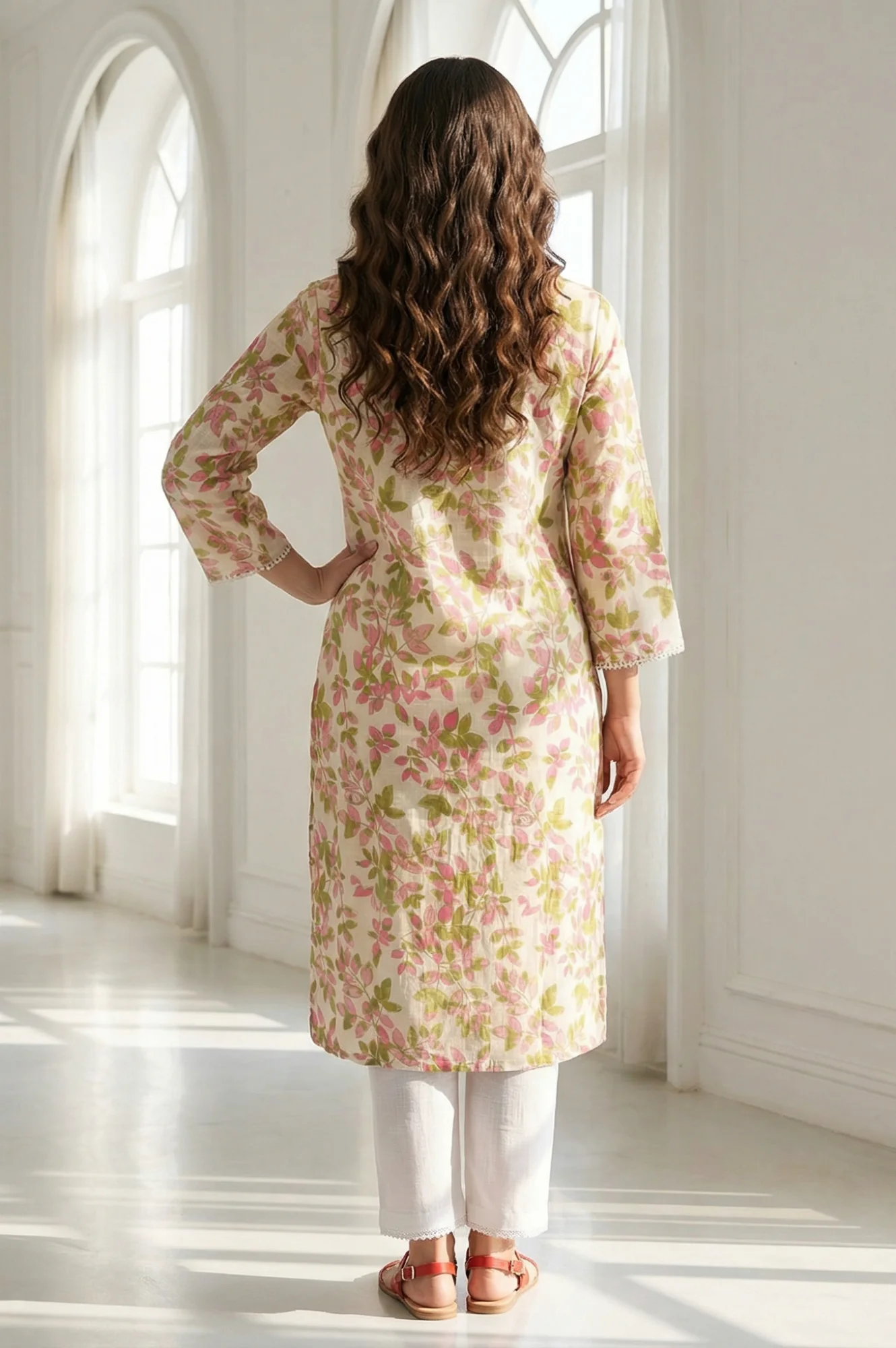 Off-White Floral Printed Pure Cotton Straight Kurta with Lace - Image 4