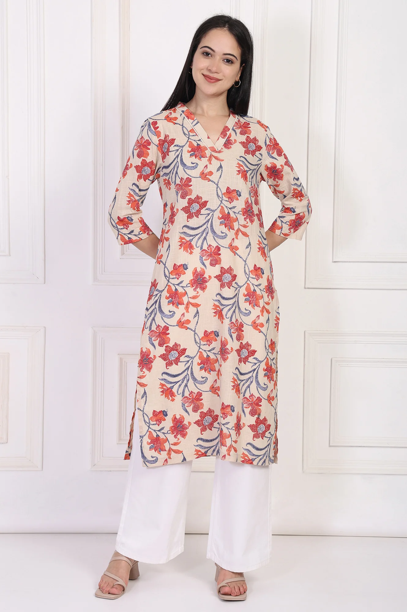 Beige Floral Printed Lace Trim Straight Cotton Kurta - Image 2