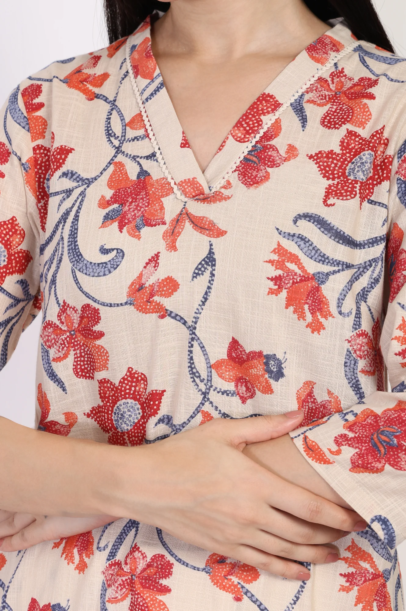Beige Floral Printed Lace Trim Straight Cotton Kurta - Image 3