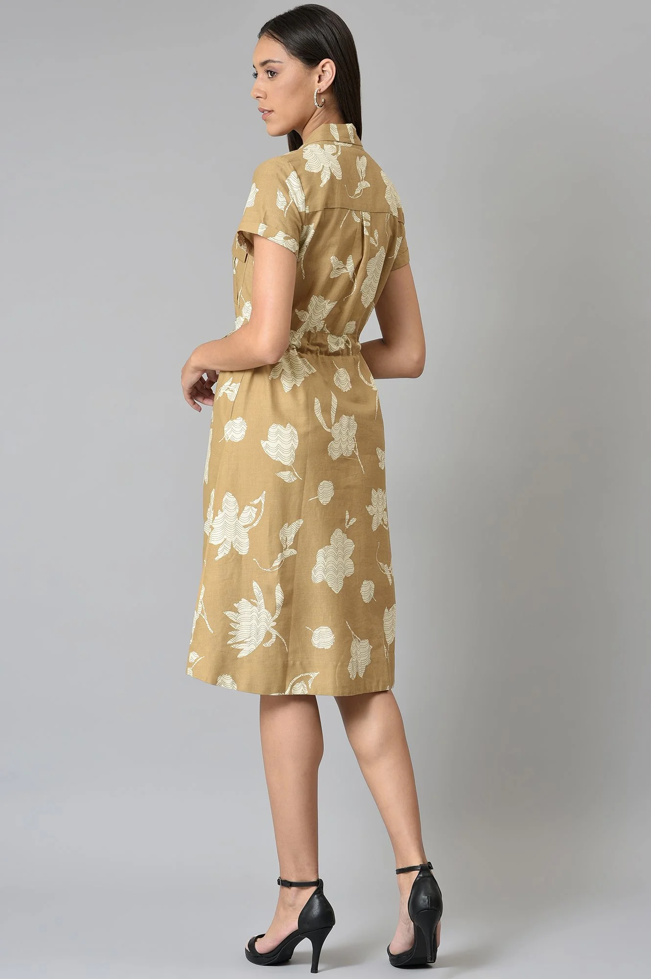 Beige Floral Printed Lapel Collar Dress - Image 2