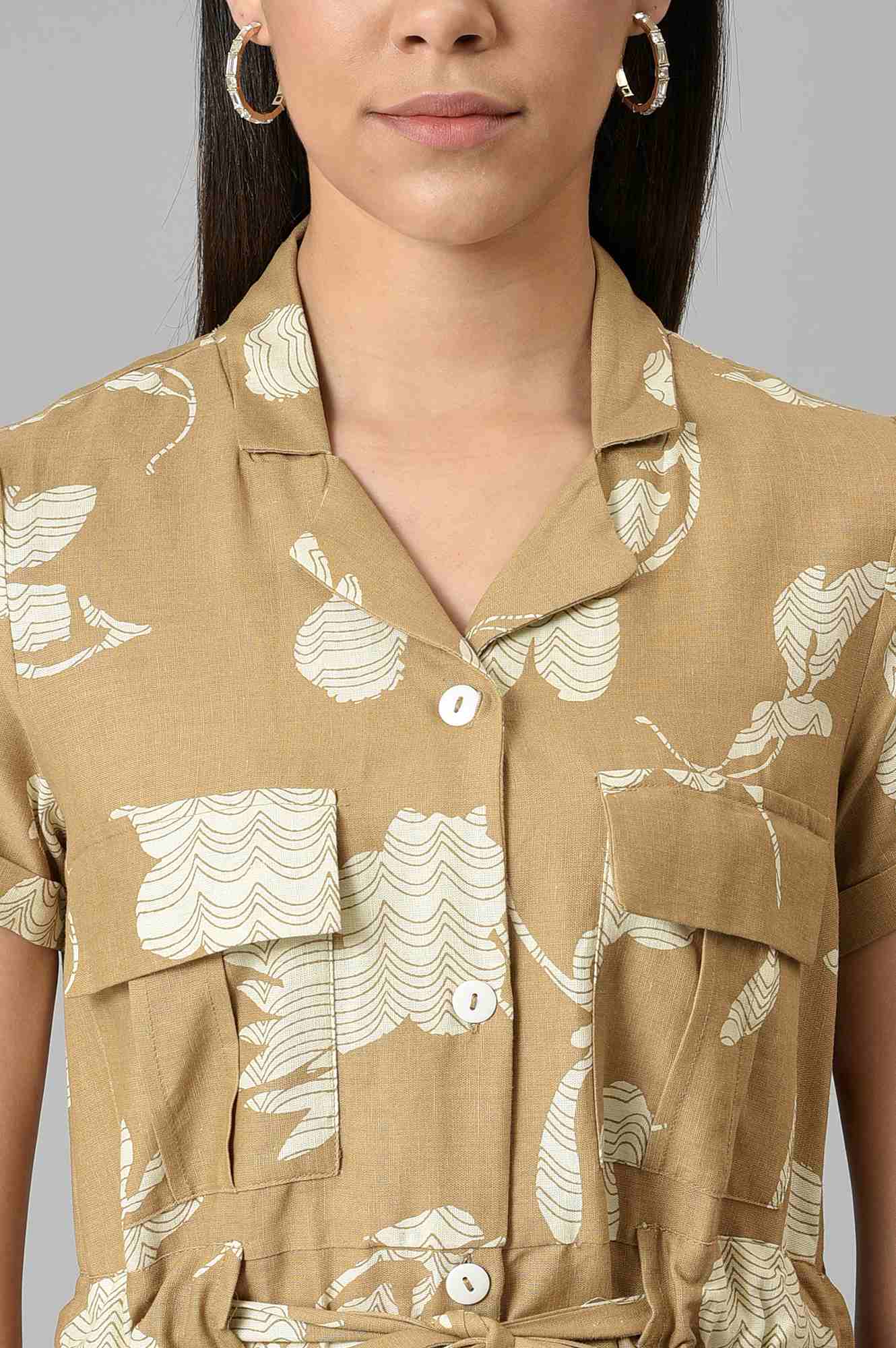 Beige Floral Printed Lapel Collar Dress - Image 6