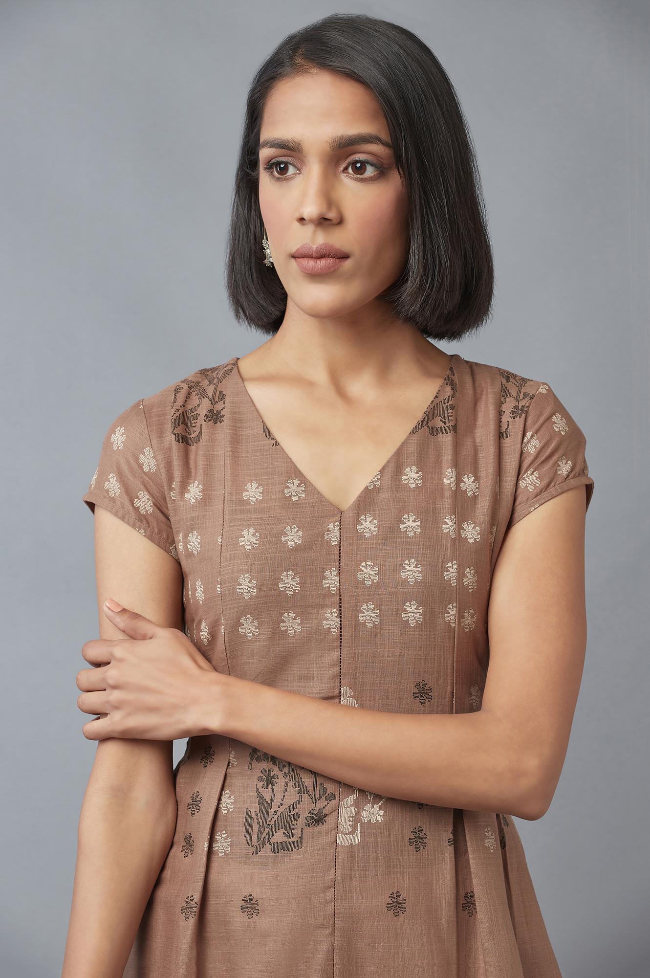 Beige Floral Printed Pure Cotton Flared Kurta and Slim Pant Set - Image 2