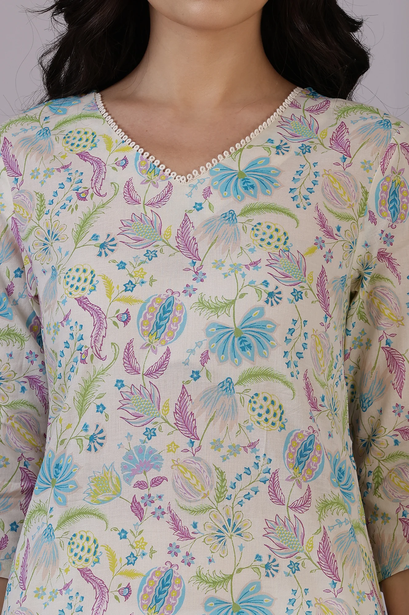 Beige Floral Printed Pure Cotton Straight Kurta and Slim Pant Set - Image 2