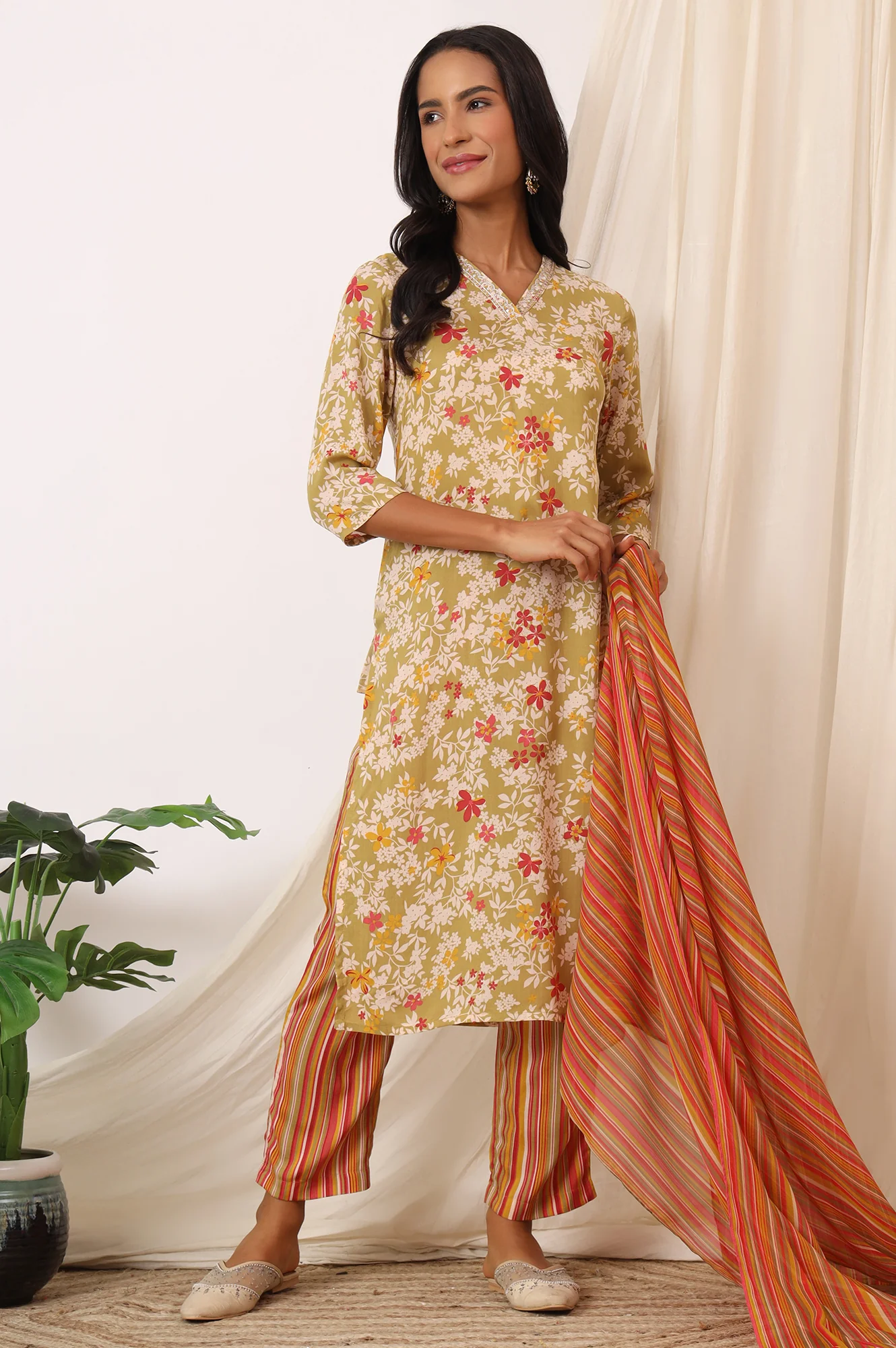Beige Floral Printed Pure Cotton Straight Kurta, Pants and Dupatta Set - Image 2