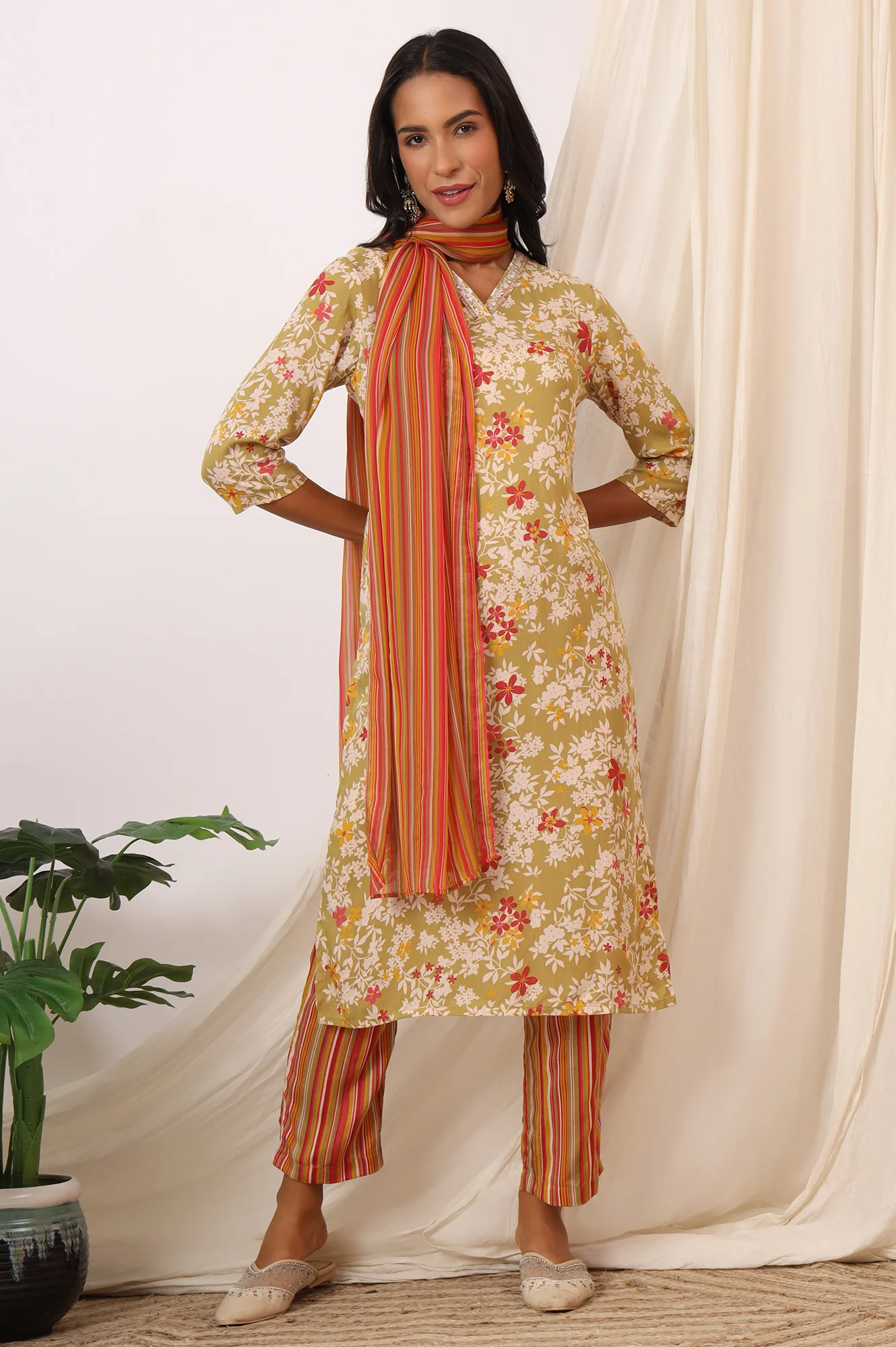 Beige Floral Printed Pure Cotton Straight Kurta, Pants and Dupatta Set - Image 3