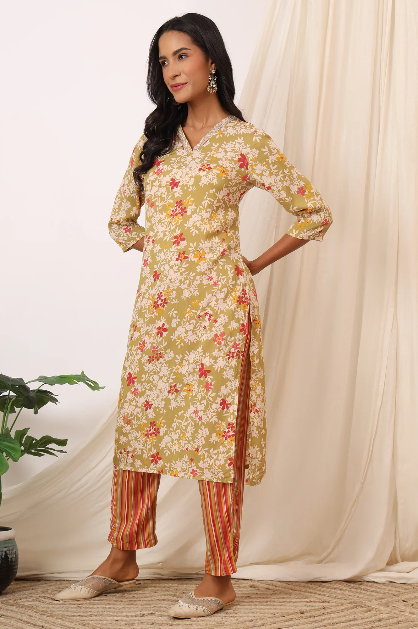 Beige Floral Printed Pure Cotton Straight Kurta, Pants and Dupatta Set - Image 5