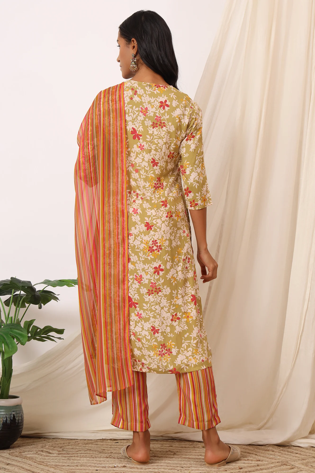 Beige Floral Printed Pure Cotton Straight Kurta, Pants and Dupatta Set - Image 6
