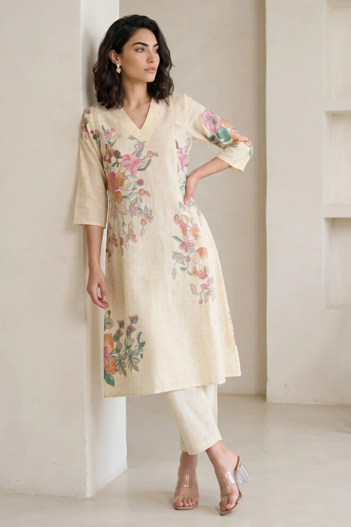 Beige Floral Printed Pure Cotton A-line Kurta with Pants Co-ord Set - Image 4