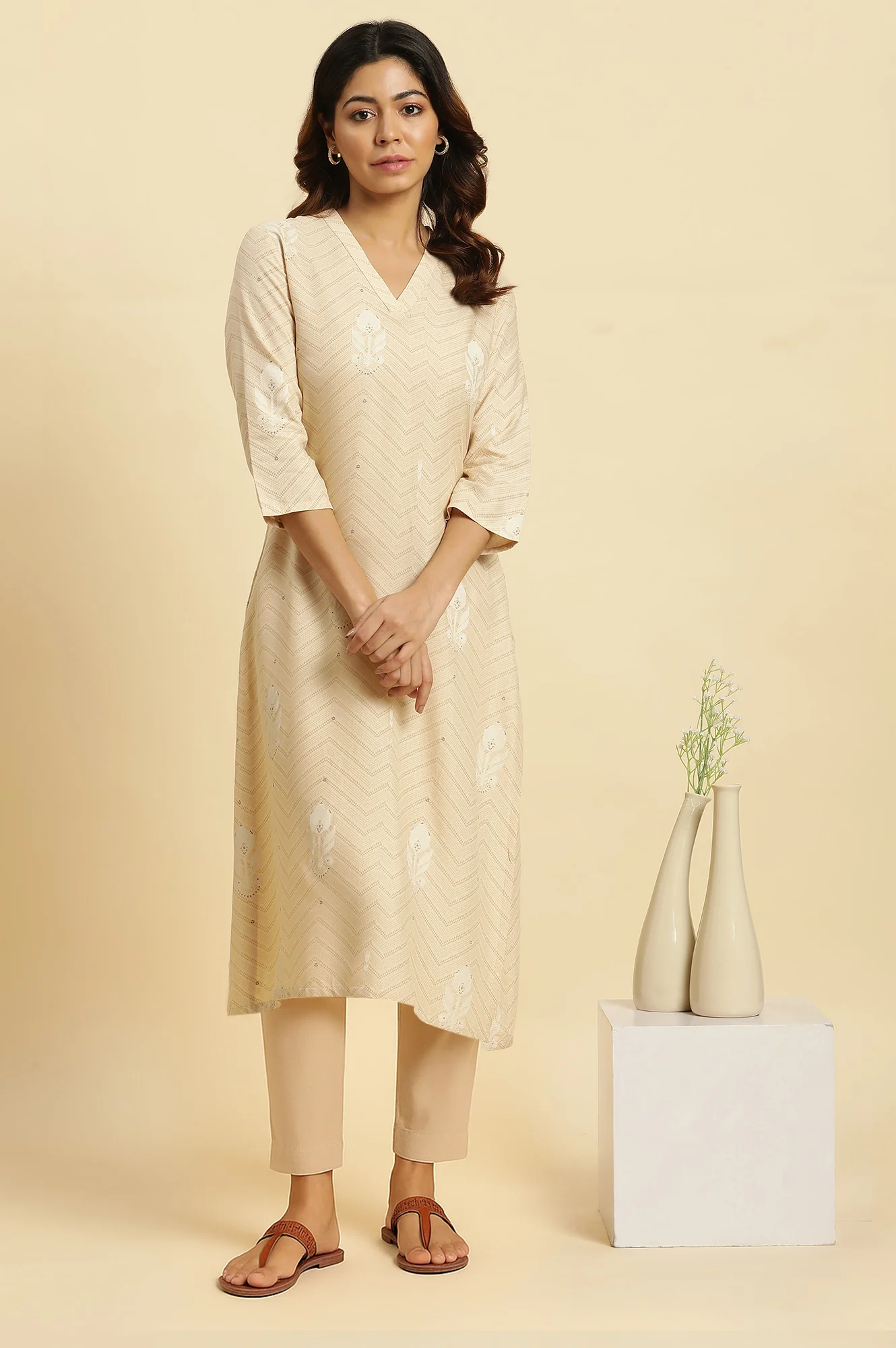 Beige Floral Printed Rayon A-Line Kurta and Slim Pant Set