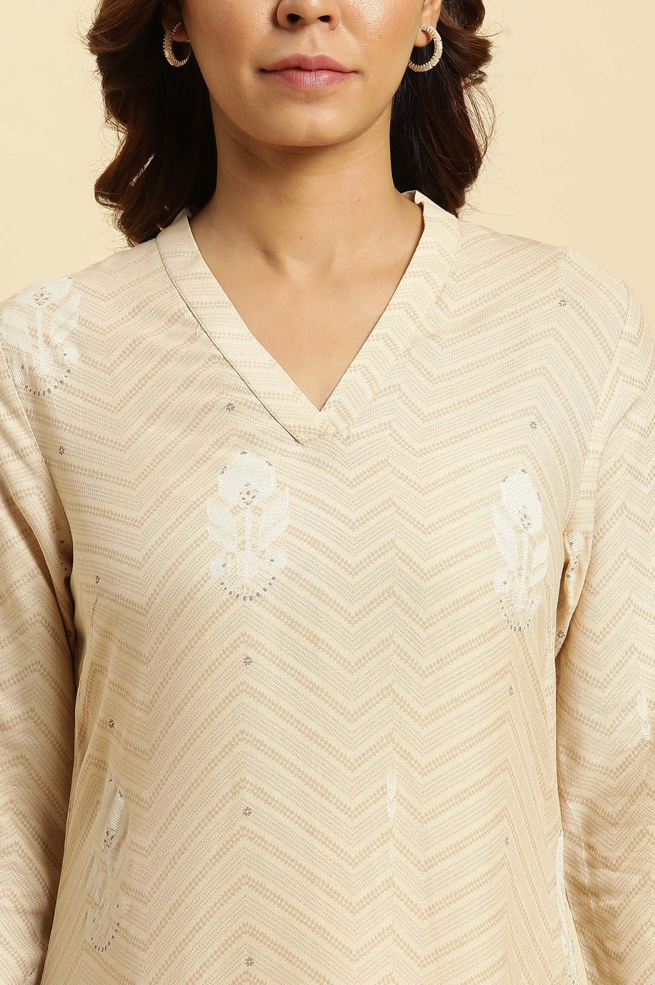 Beige Floral Printed Rayon A-Line Kurta and Slim Pant Set - Image 2