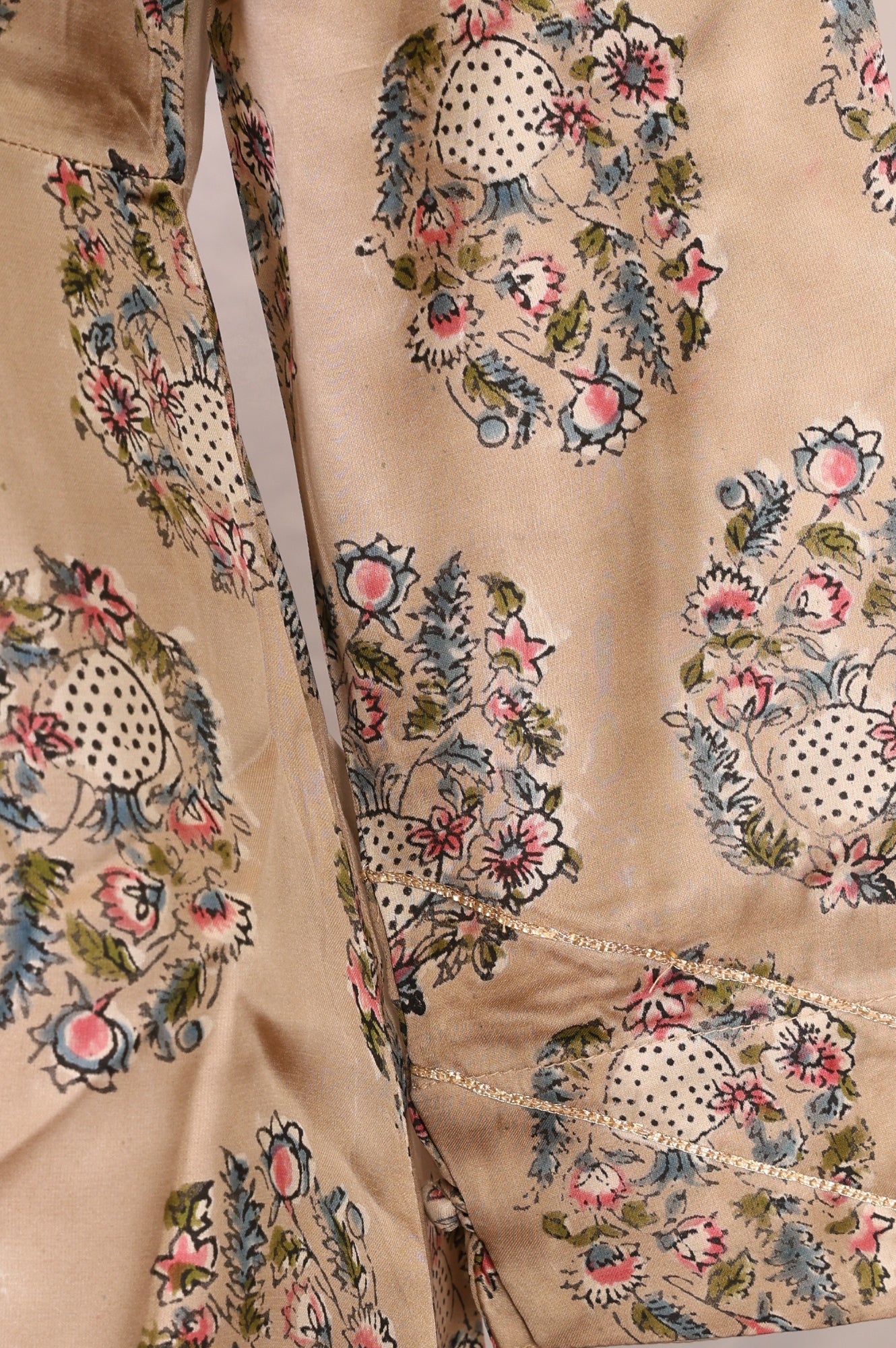 Beige Floral Printed Satin A-line Kurta with Parallel Pants and Dupatta Set - Image 2
