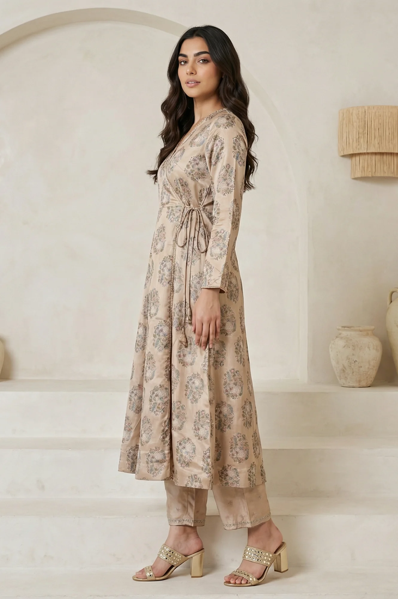 Beige Floral Printed Satin A-line Kurta with Parallel Pants and Dupatta Set - Image 3