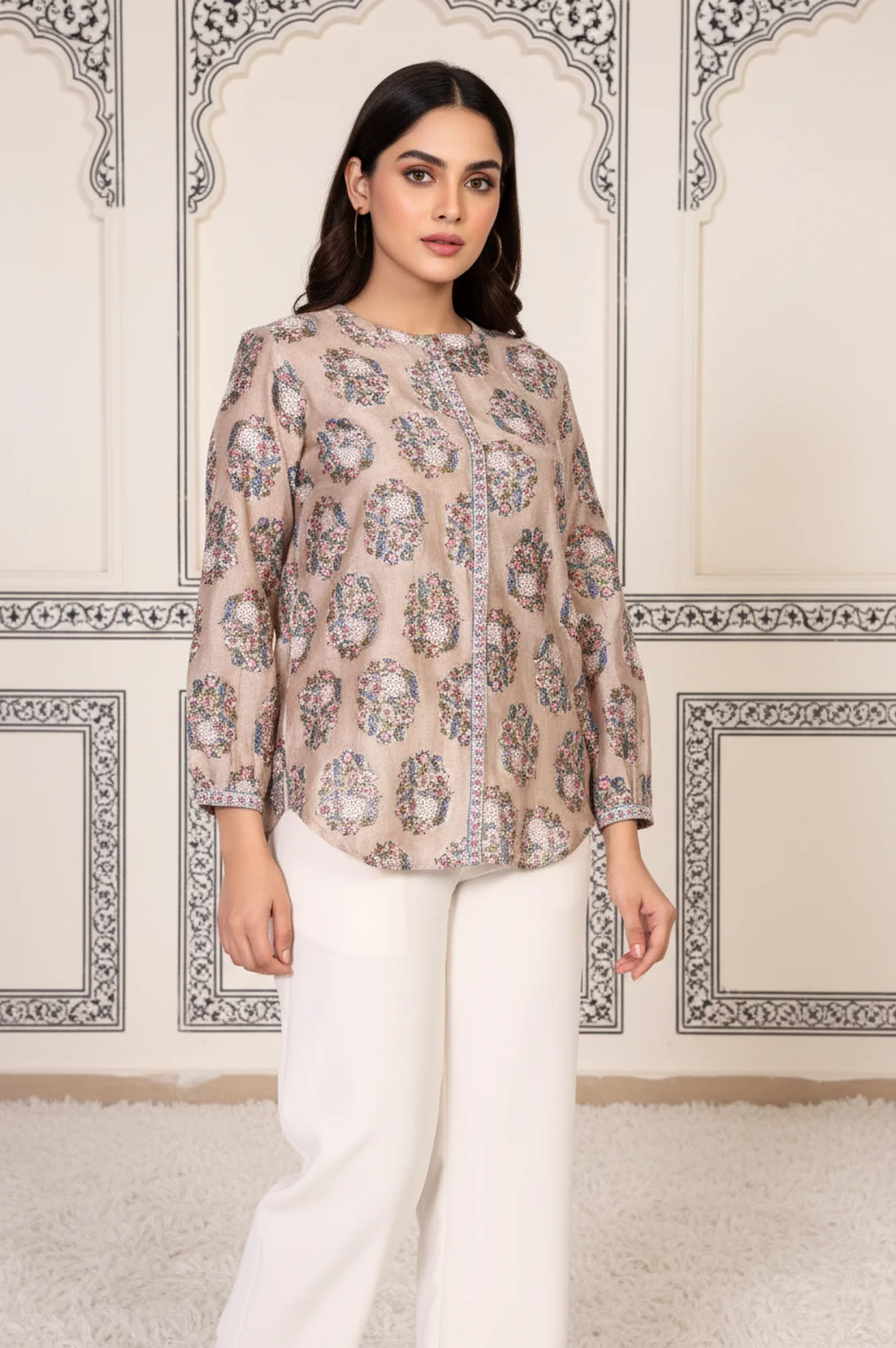 Beige Floral Printed Straight Cotton Top - Image 4