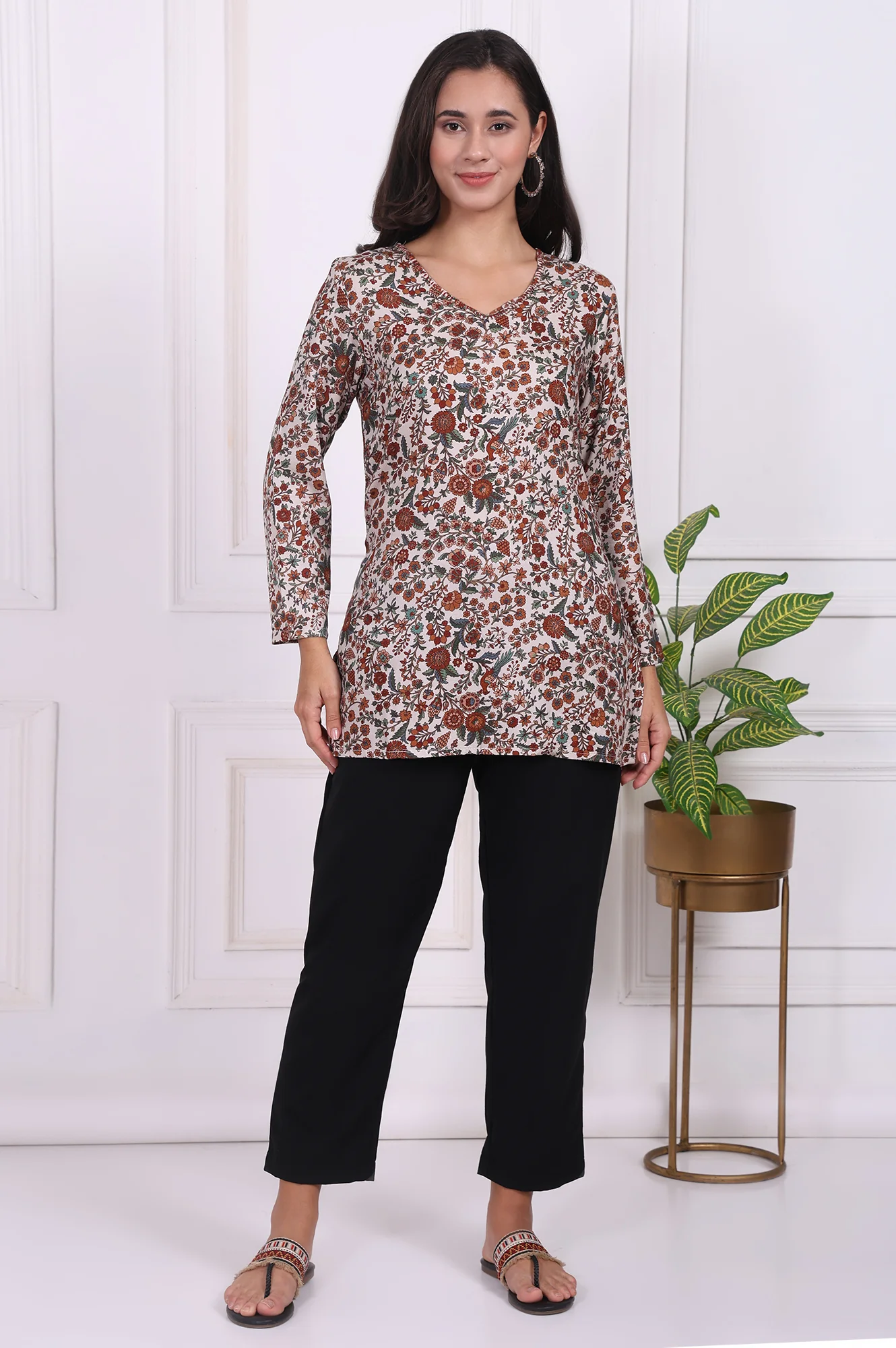 Beige Floral Printed Straight Tunic - Image 2