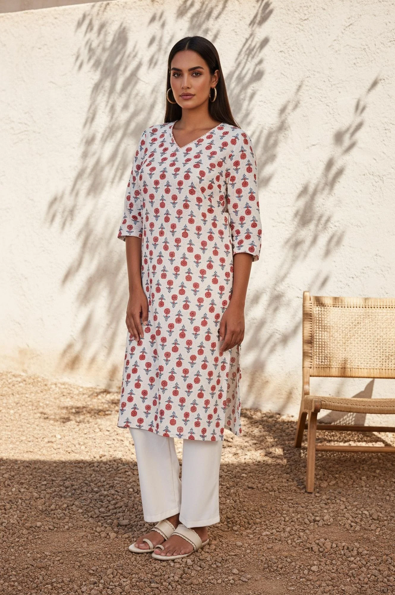 Beige Floral Straight Cotton Kurta - Image 6