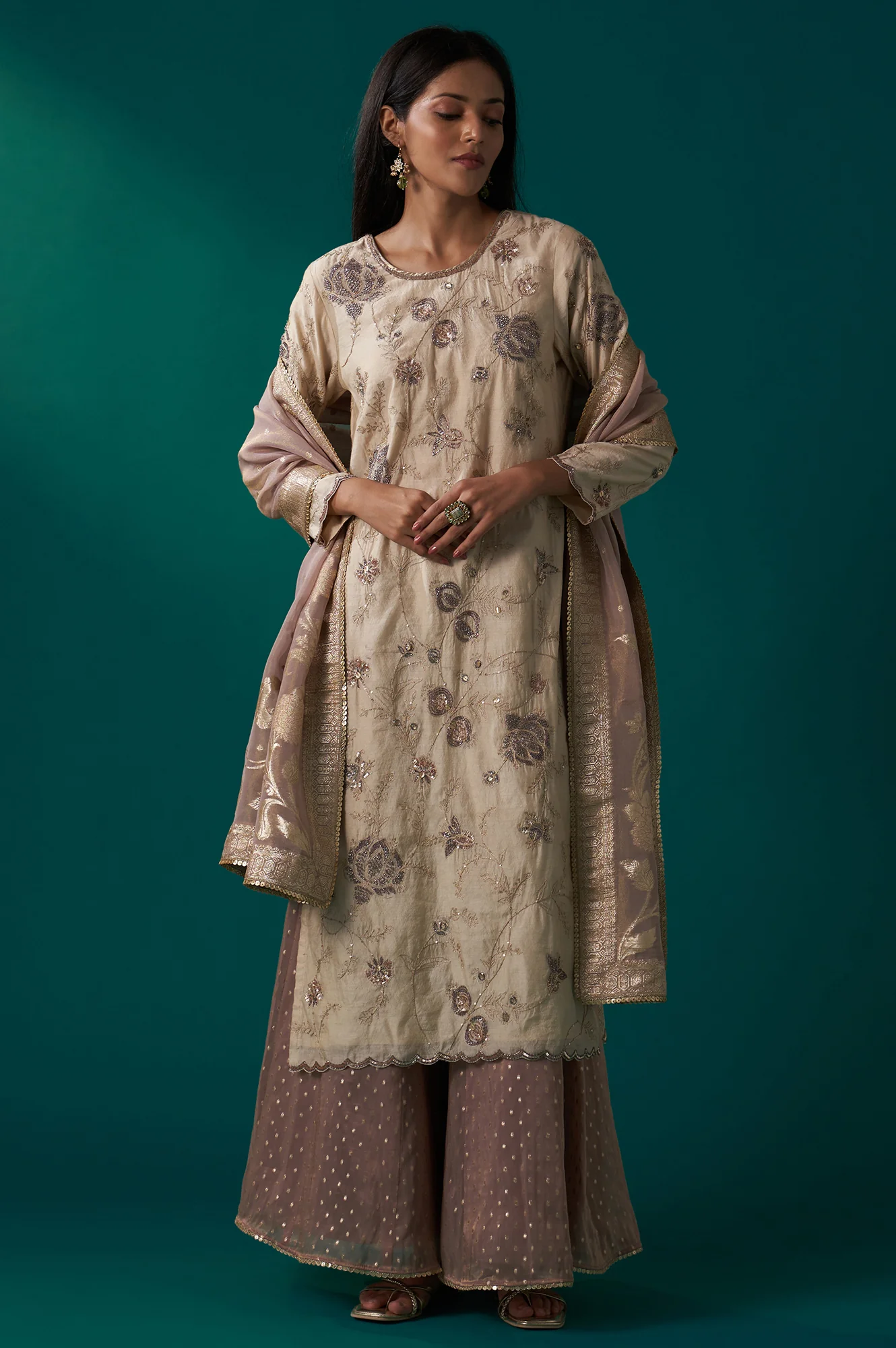 Light Gold Heavy Embroidered Straight Tissue Chanderi Kurta with Culottes and Dupatta Set - Image 2