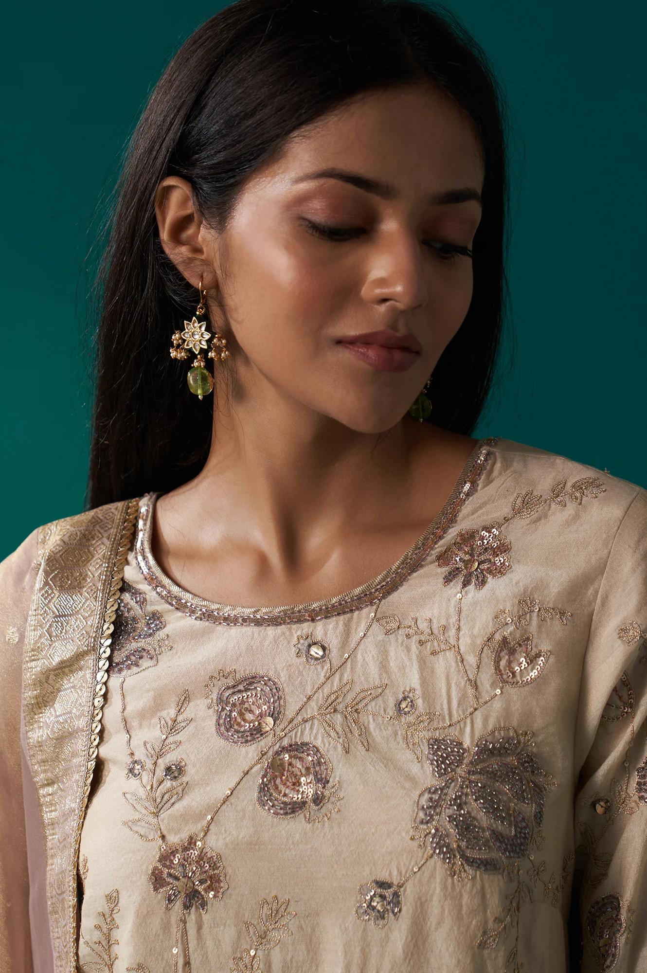 Light Gold Heavy Embroidered Straight Tissue Chanderi Kurta with Culottes and Dupatta Set - Image 3
