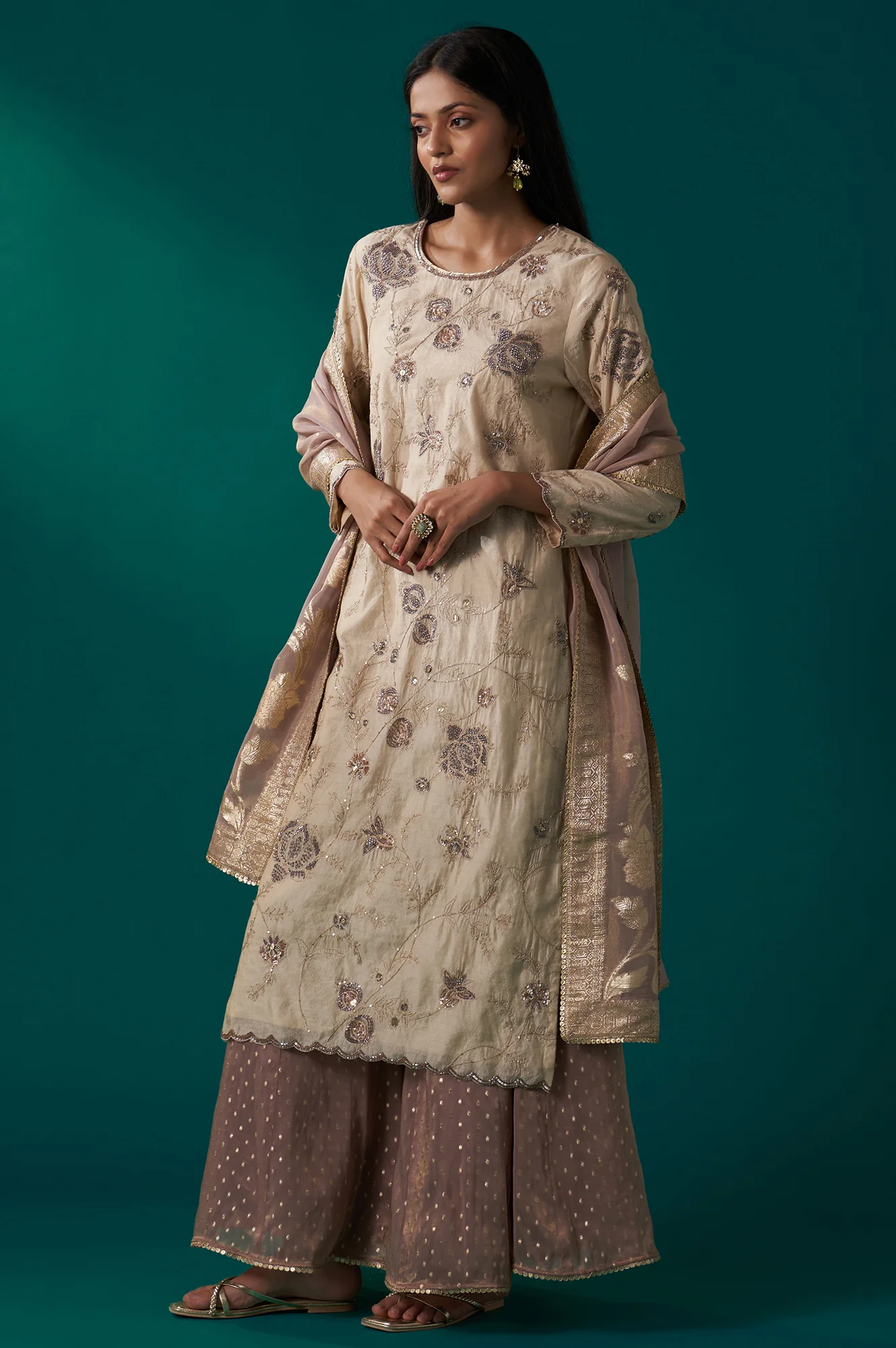 Light Gold Heavy Embroidered Straight Tissue Chanderi Kurta with Culottes and Dupatta Set - Image 4