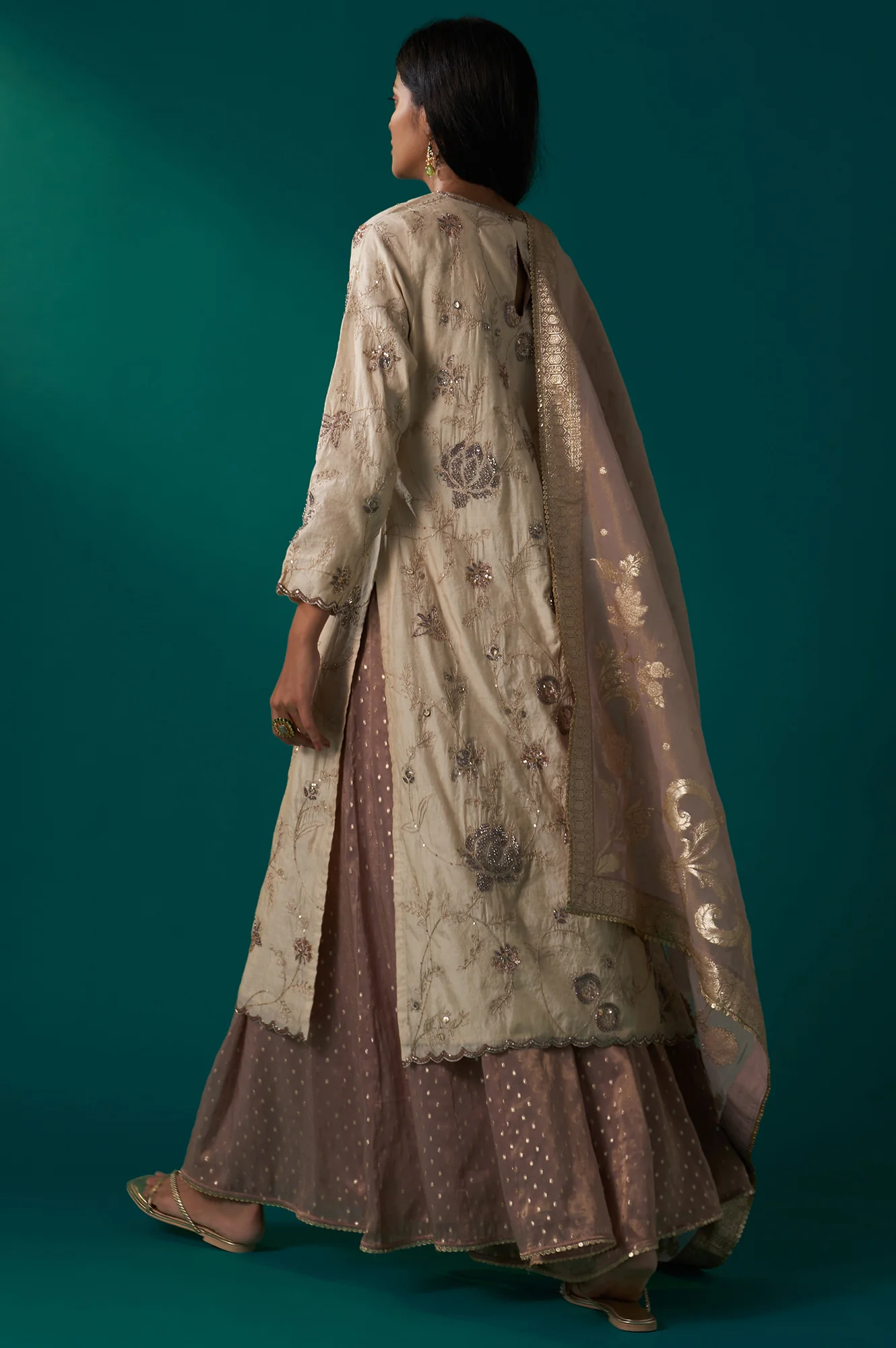 Light Gold Heavy Embroidered Straight Tissue Chanderi Kurta with Culottes and Dupatta Set - Image 5