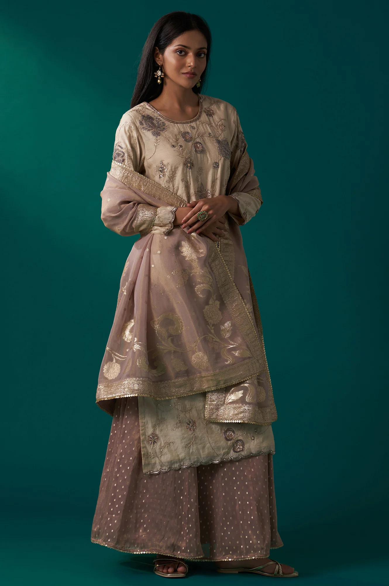Light Gold Heavy Embroidered Straight Tissue Chanderi Kurta with Culottes and Dupatta Set - Image 6