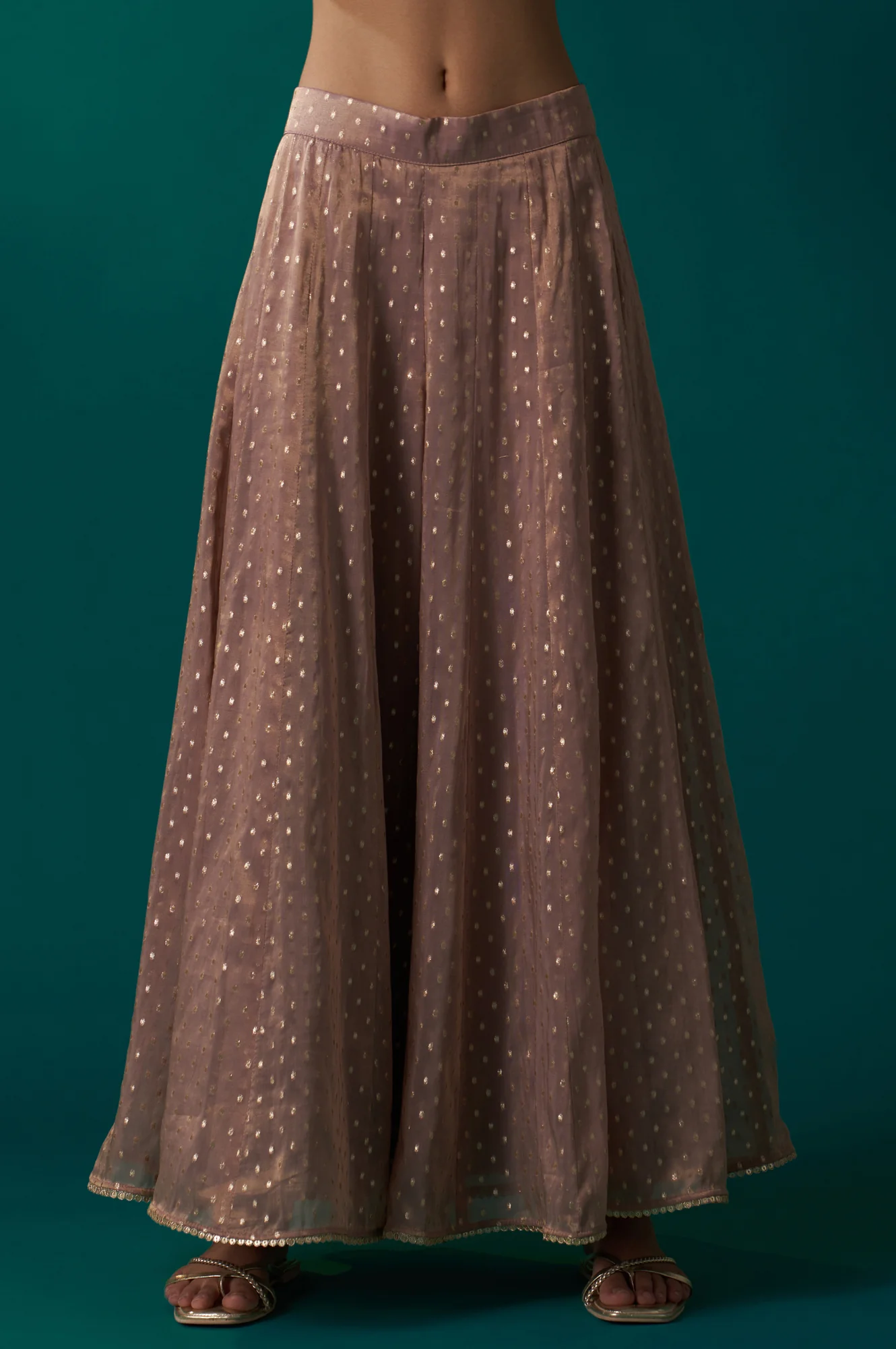 Light Gold Heavy Embroidered Straight Tissue Chanderi Kurta with Culottes and Dupatta Set - Image 7