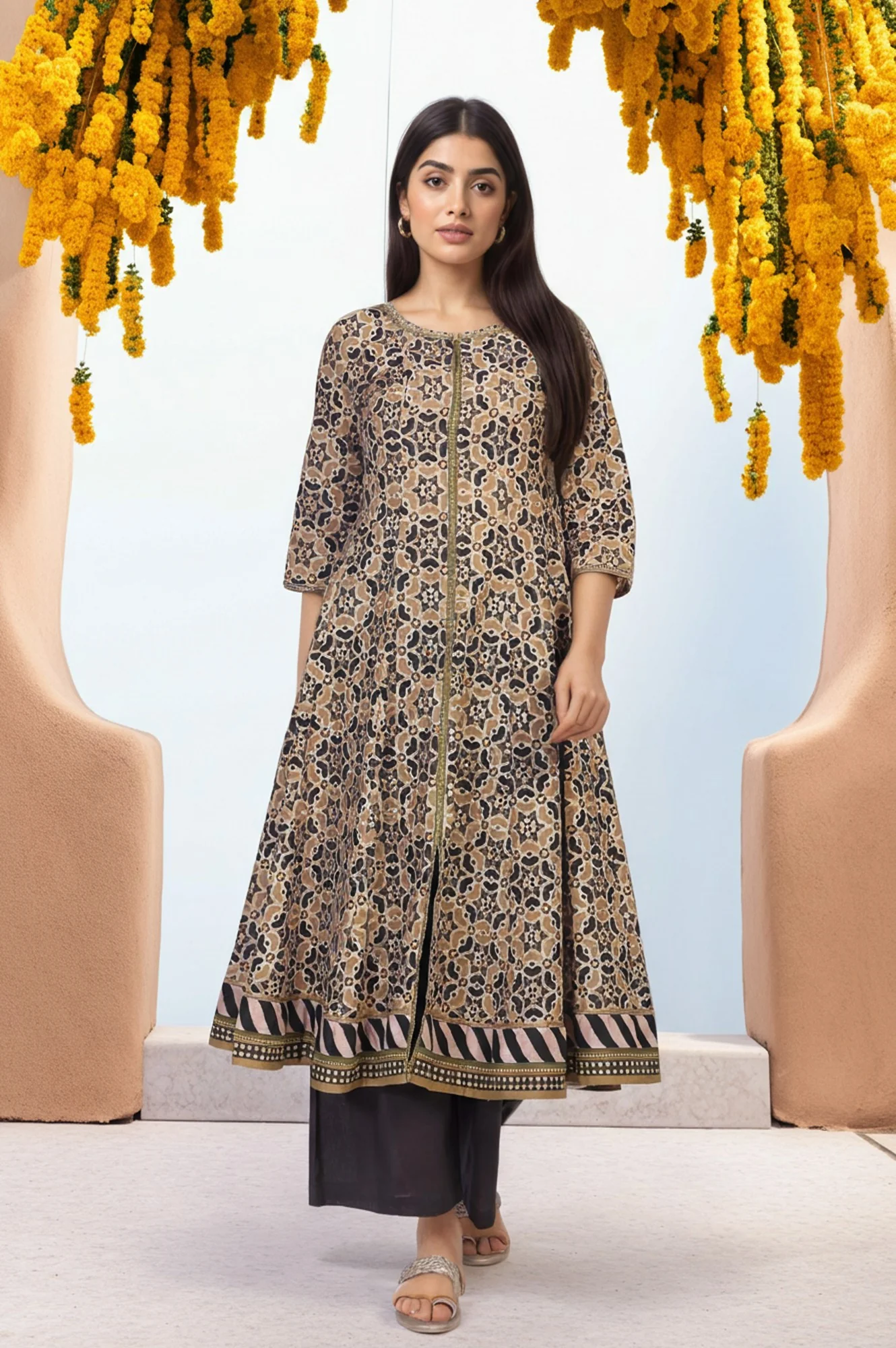 Beige Geometric Printed Embroidered Anarkali Cotton Kurta - Image 2