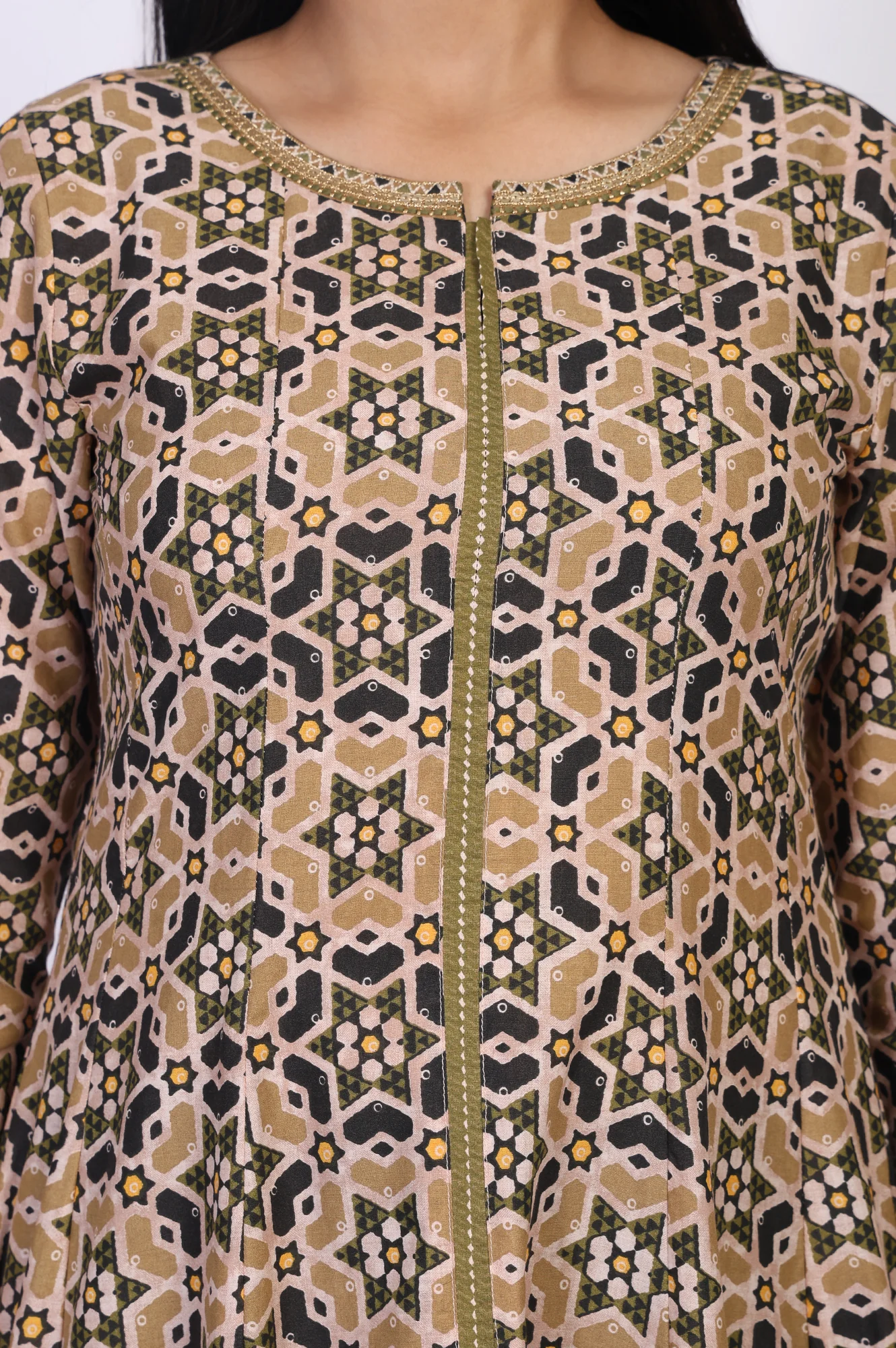 Beige Geometric Printed Embroidered Anarkali Cotton Kurta - Image 3