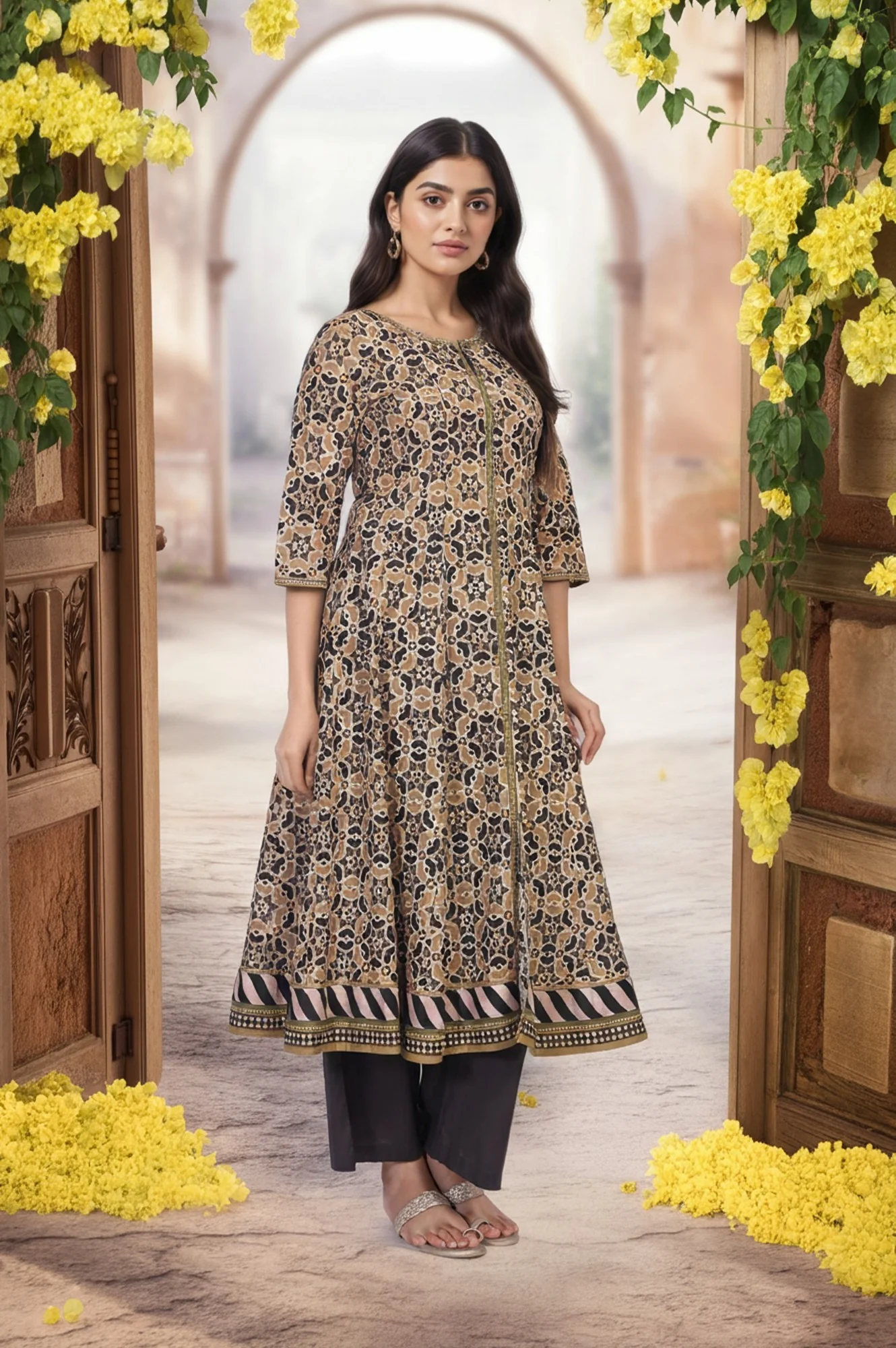 Beige Geometric Printed Embroidered Anarkali Cotton Kurta - Image 4