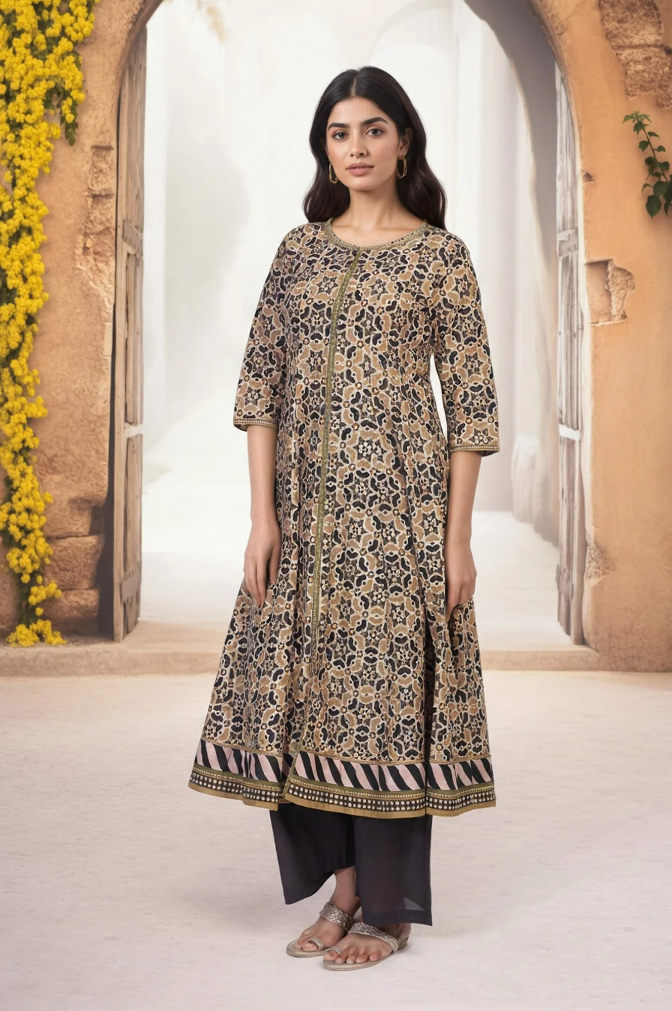 Beige Geometric Printed Embroidered Anarkali Cotton Kurta - Image 6