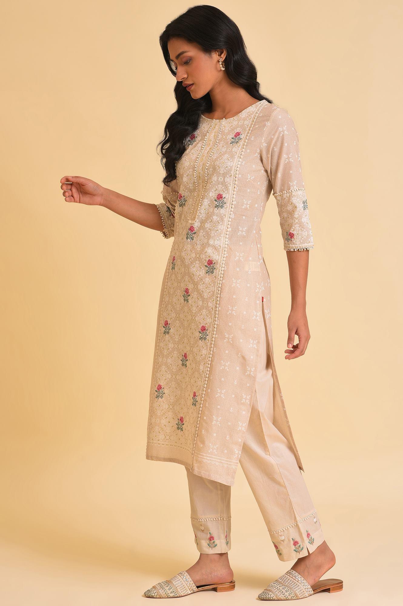 Beige Glitter Printed kurta & Pants Set - Image 3