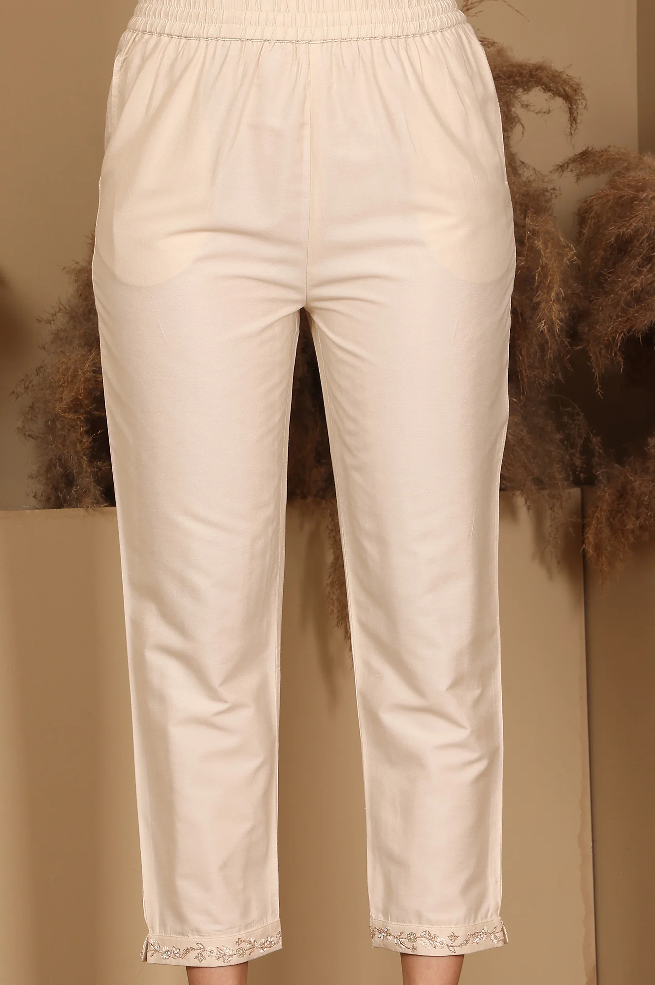 Beige Jacquard Sleeveless Embellished Kurta, Pants And Dupatta Set - Image 8
