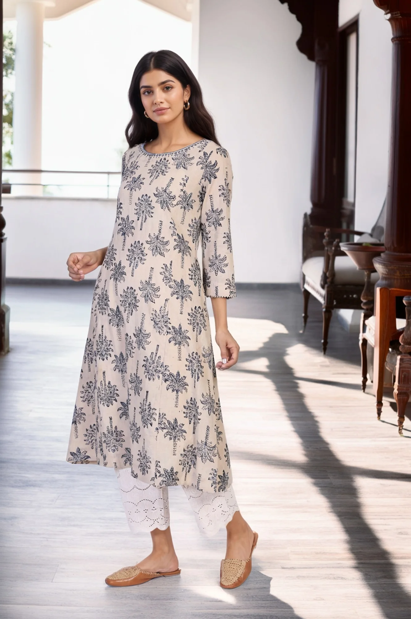 Beige Kalamkari Mirror Work A-Line Cotton Kurta - Image 6