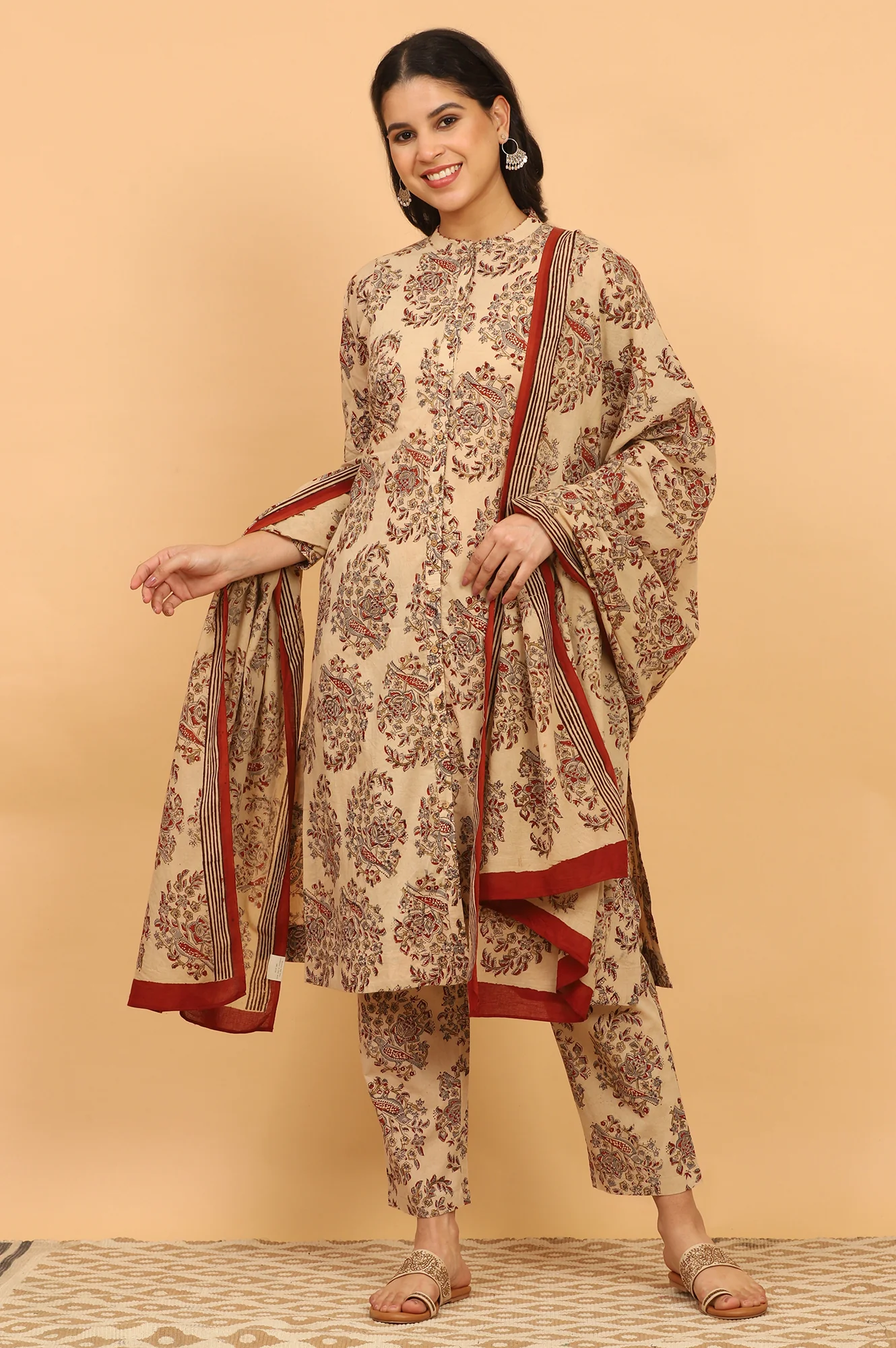 Beige Kalamkari Printed Cotton Kurta, Pants with Dupatta Set - Image 2