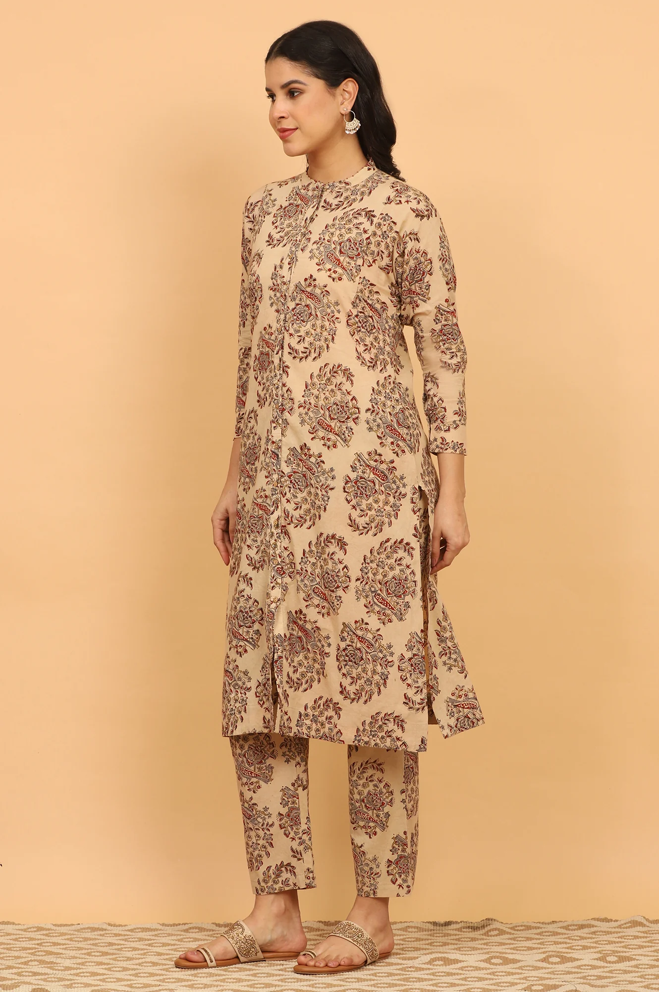 Beige Kalamkari Printed Cotton Kurta, Pants with Dupatta Set - Image 5