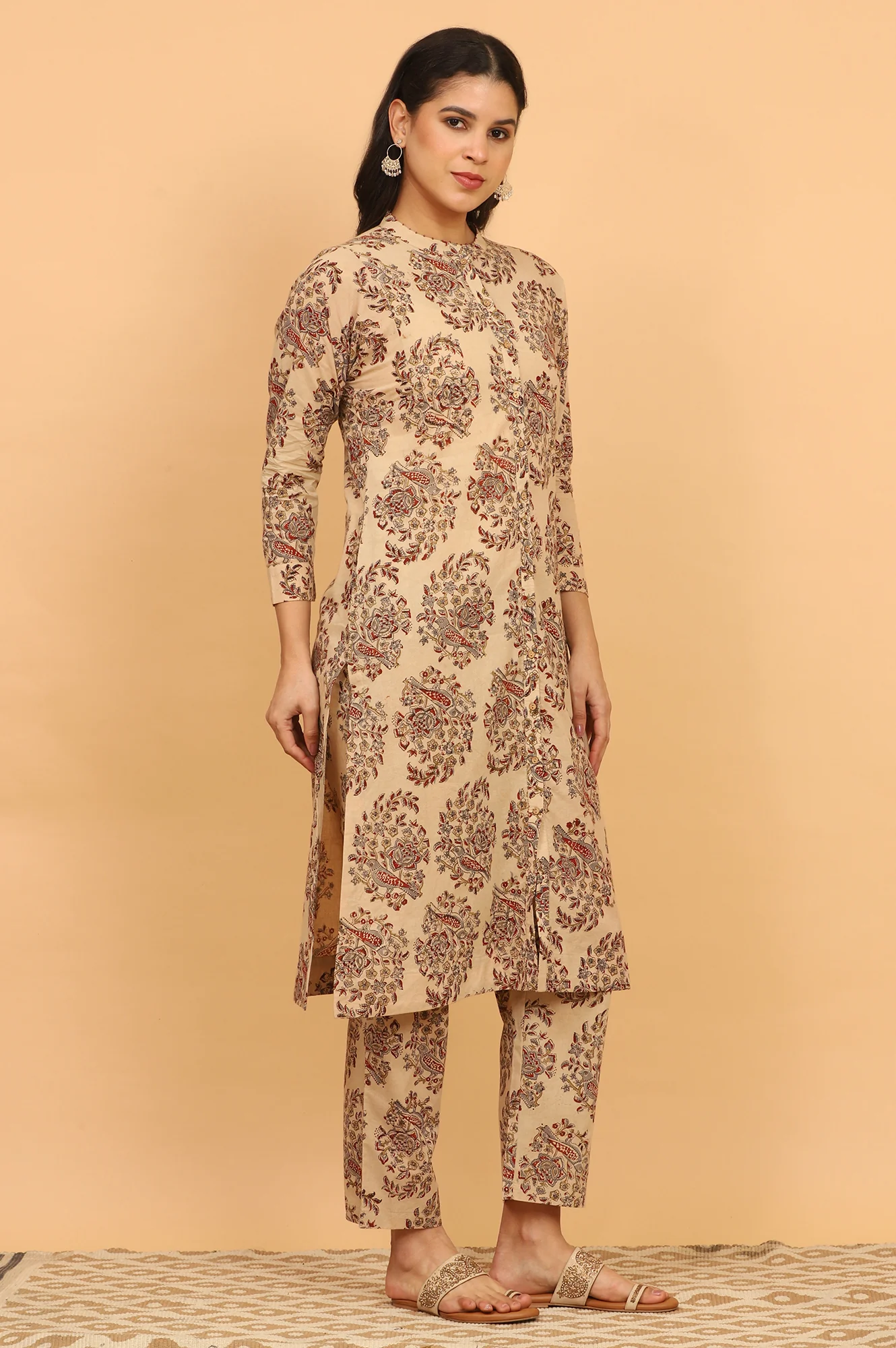 Beige Kalamkari Printed Cotton Kurta, Pants with Dupatta Set - Image 7