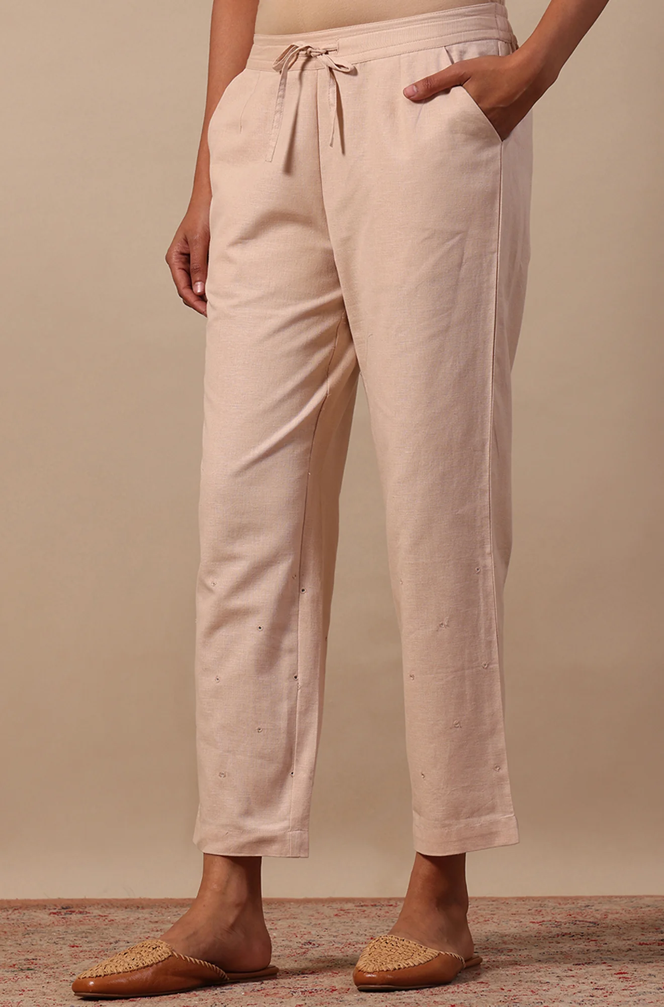 Beige Mirrorwork Straight Pants in Cotton Flax - Image 2