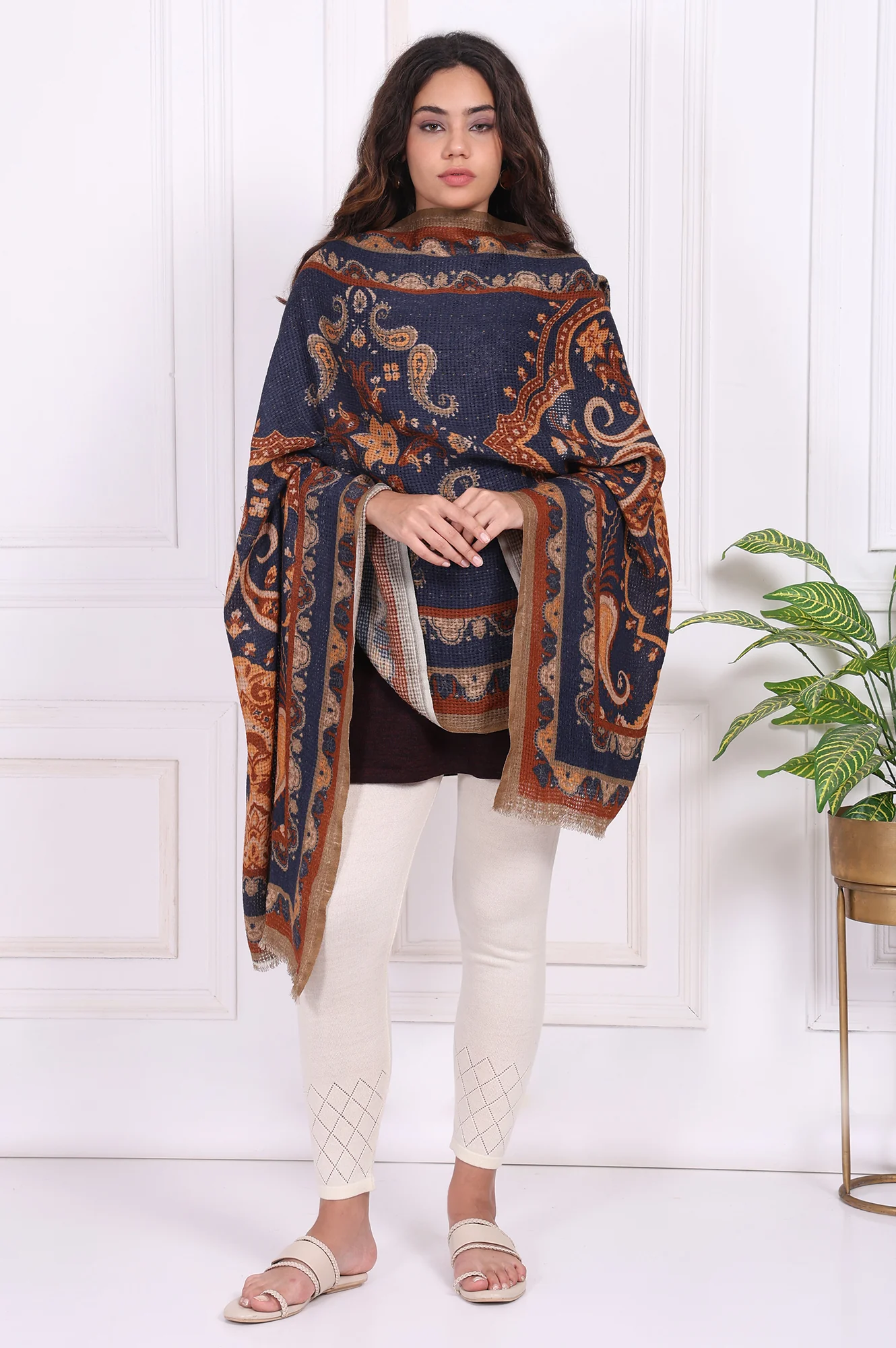 Beige Paisley Printed Wool Shawl - Image 2