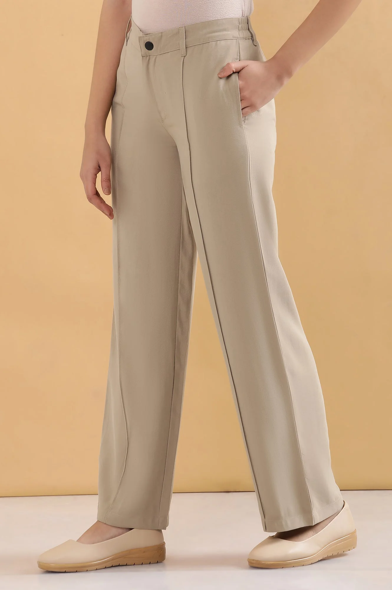 Elleven Women's Beige Solid Straight Fit Woven Pants With Pintuck Detail - Image 3