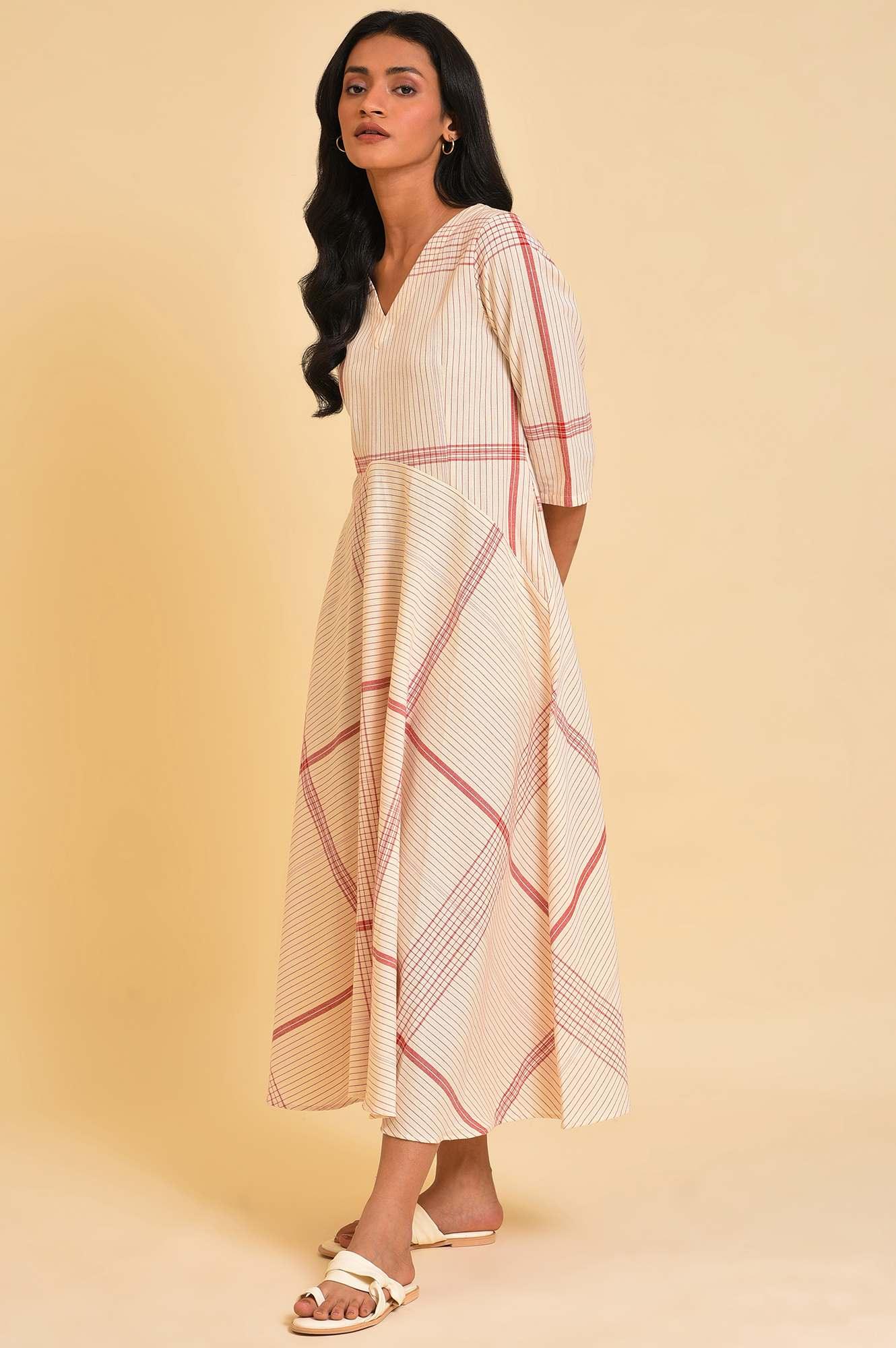 Beige Playful Checkered Free Flowing Dress - Image 3