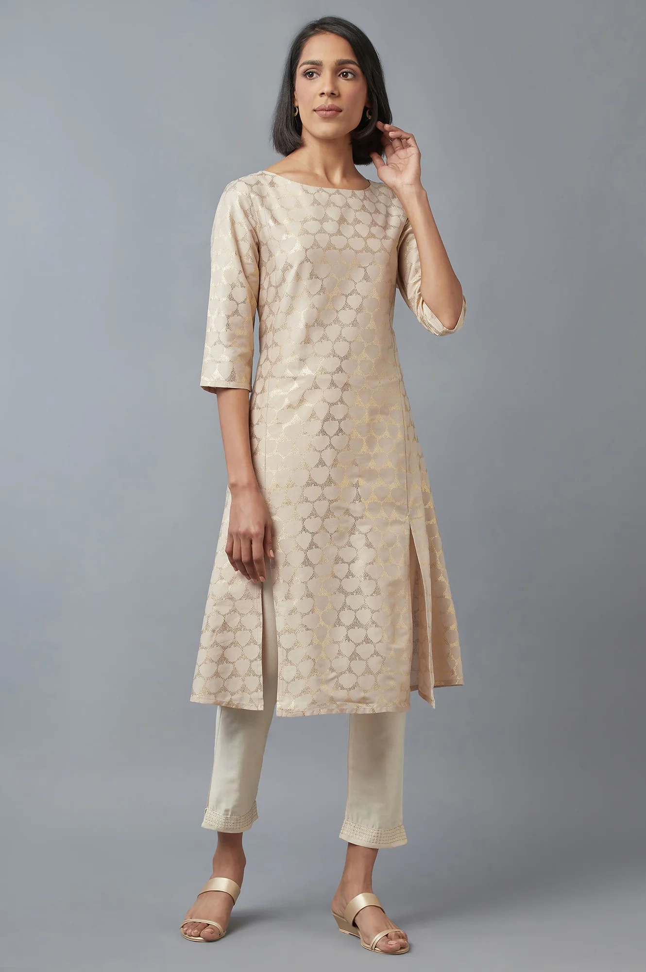 Beige Printed A-line kurta