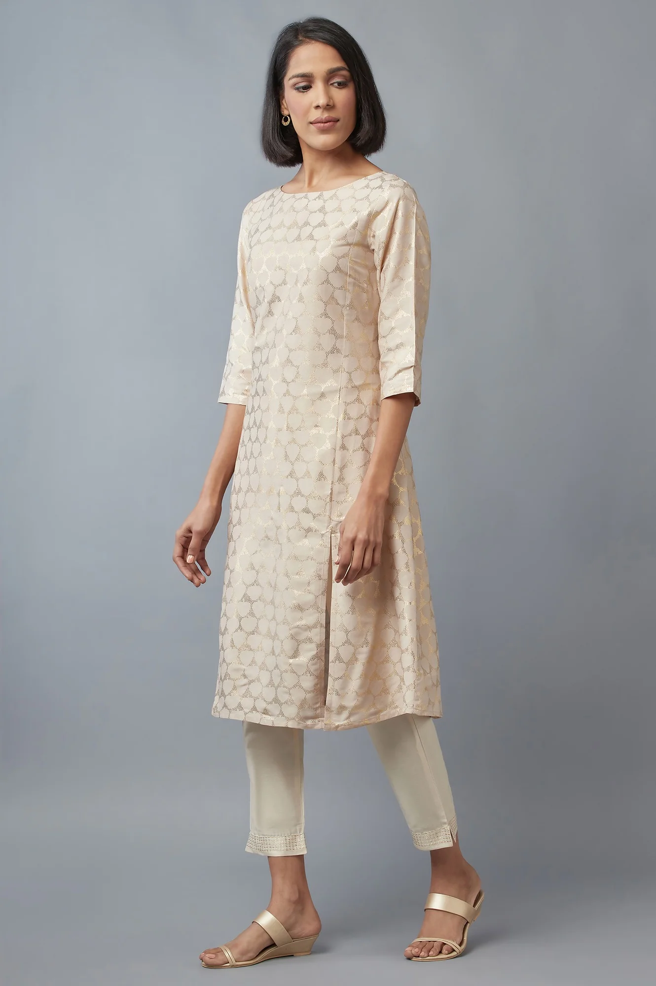 Beige Printed A-line kurta - Image 3