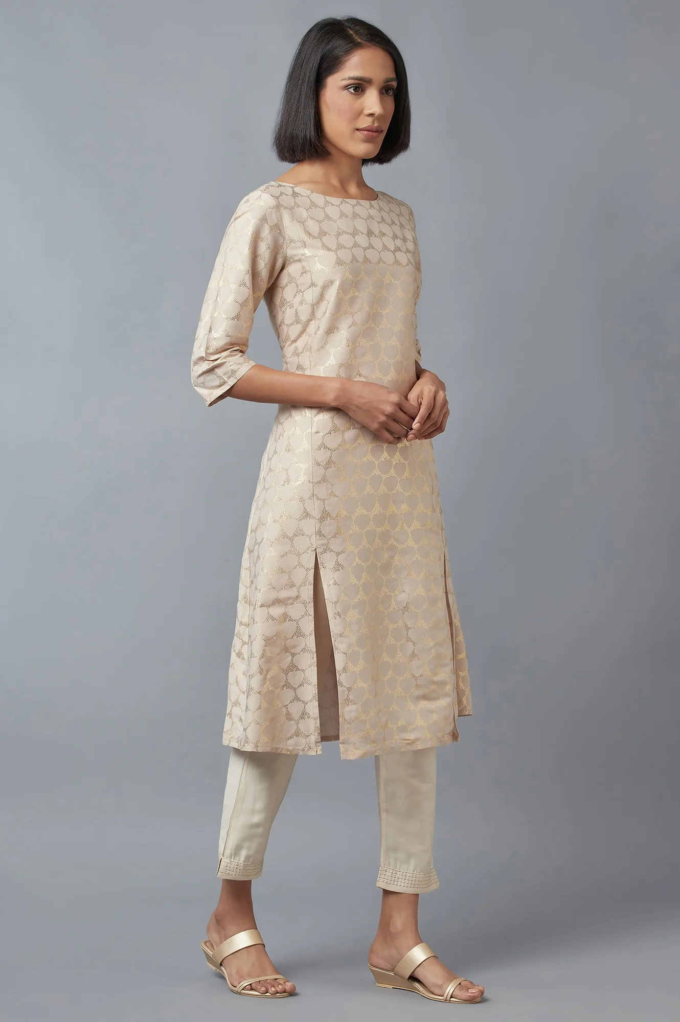 Beige Printed A-line kurta - Image 4