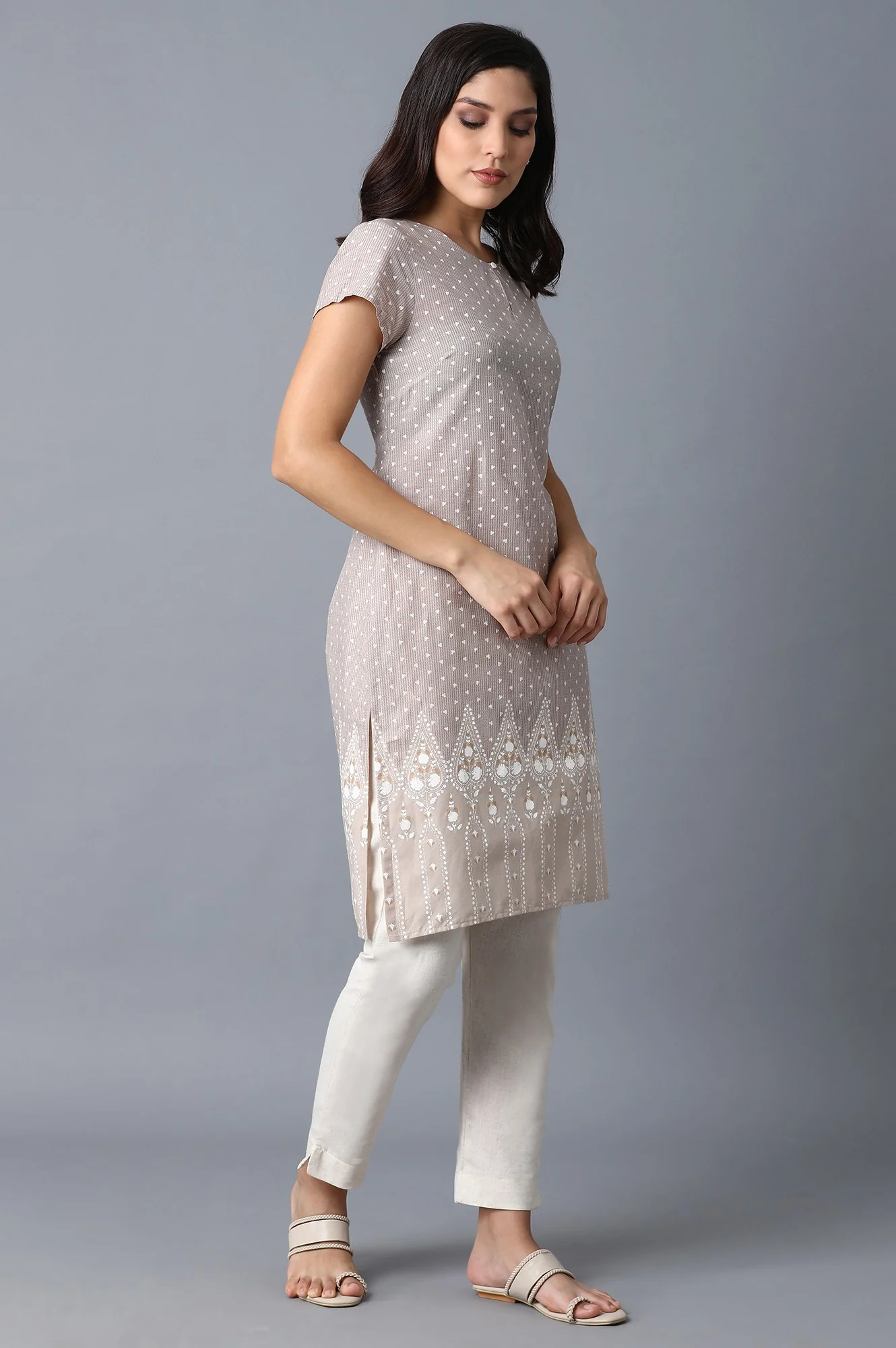 Beige Printed Kurta - Image 4
