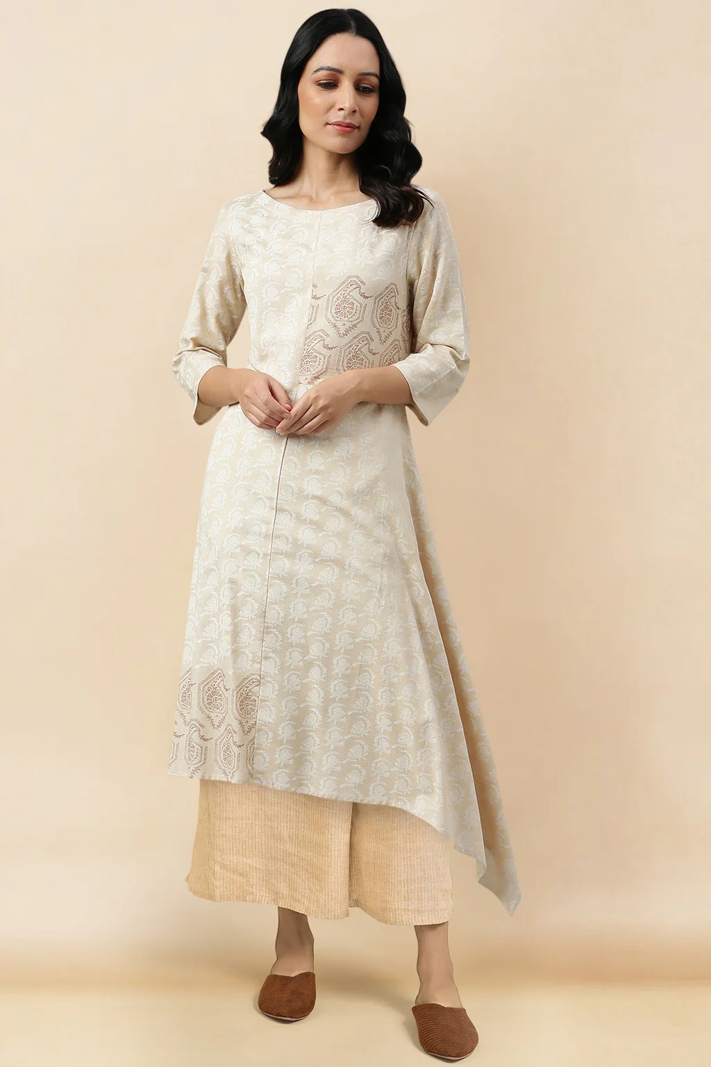 Beige Rayon Flared Kurta and Parallel Pant Set